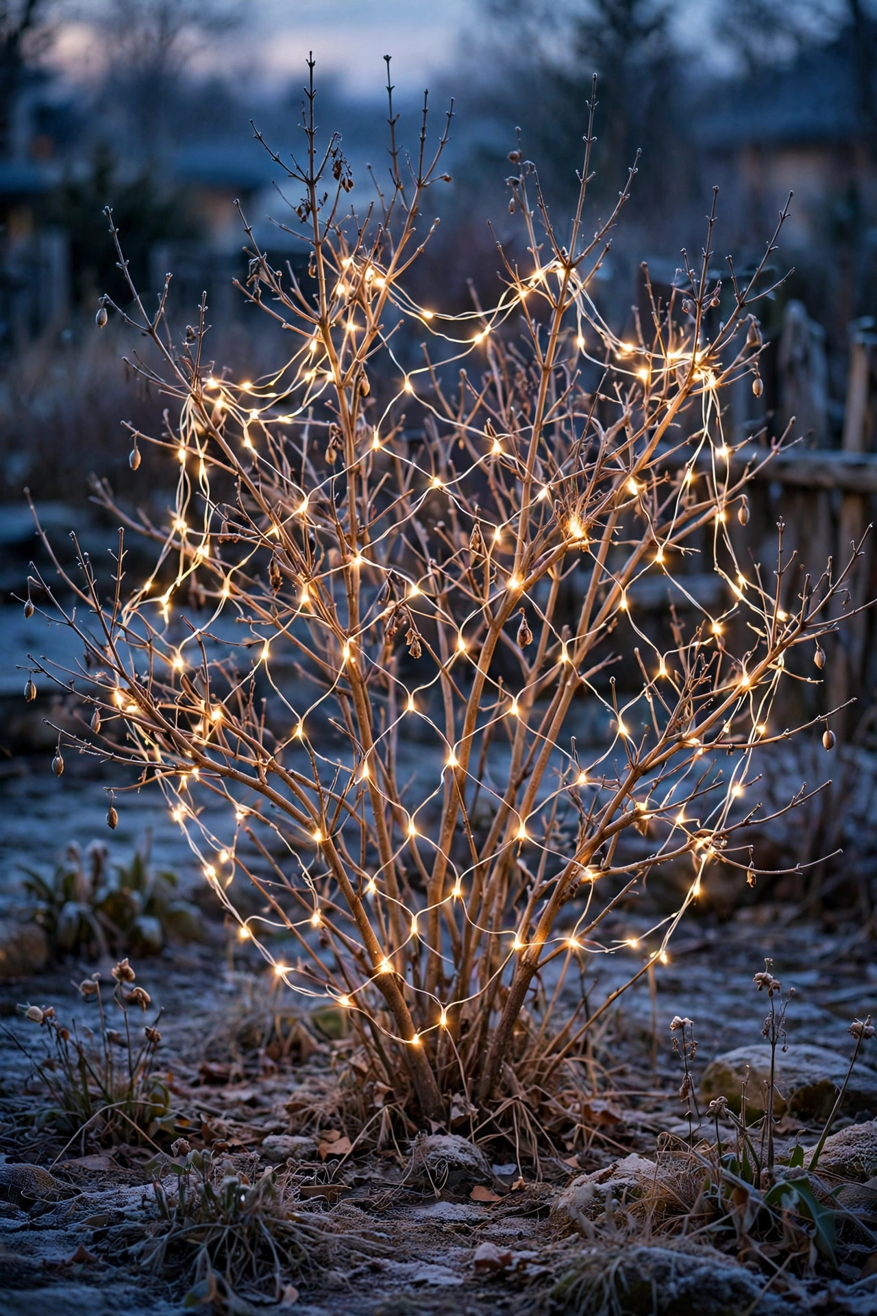 Bare lilac shrub in winter loosely draped with a warm white net light tracing its branching structure at dusk