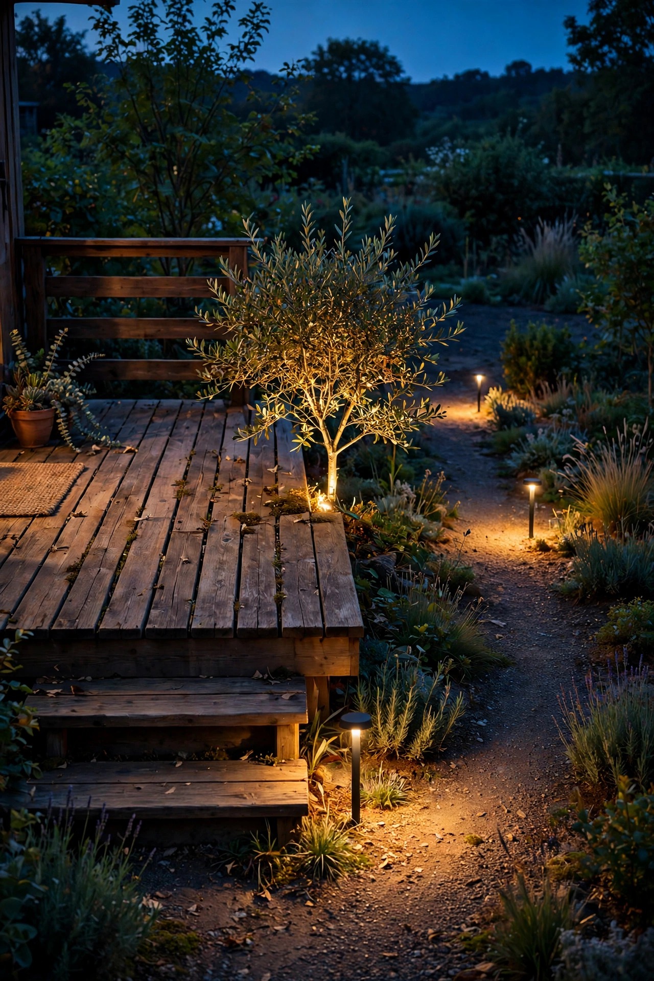Wooden deck at dusk flowing visually into a garden beyond it, a small uplit ornamental tree and two low warm path lights continuing the glow past the deck edge into the dark yard