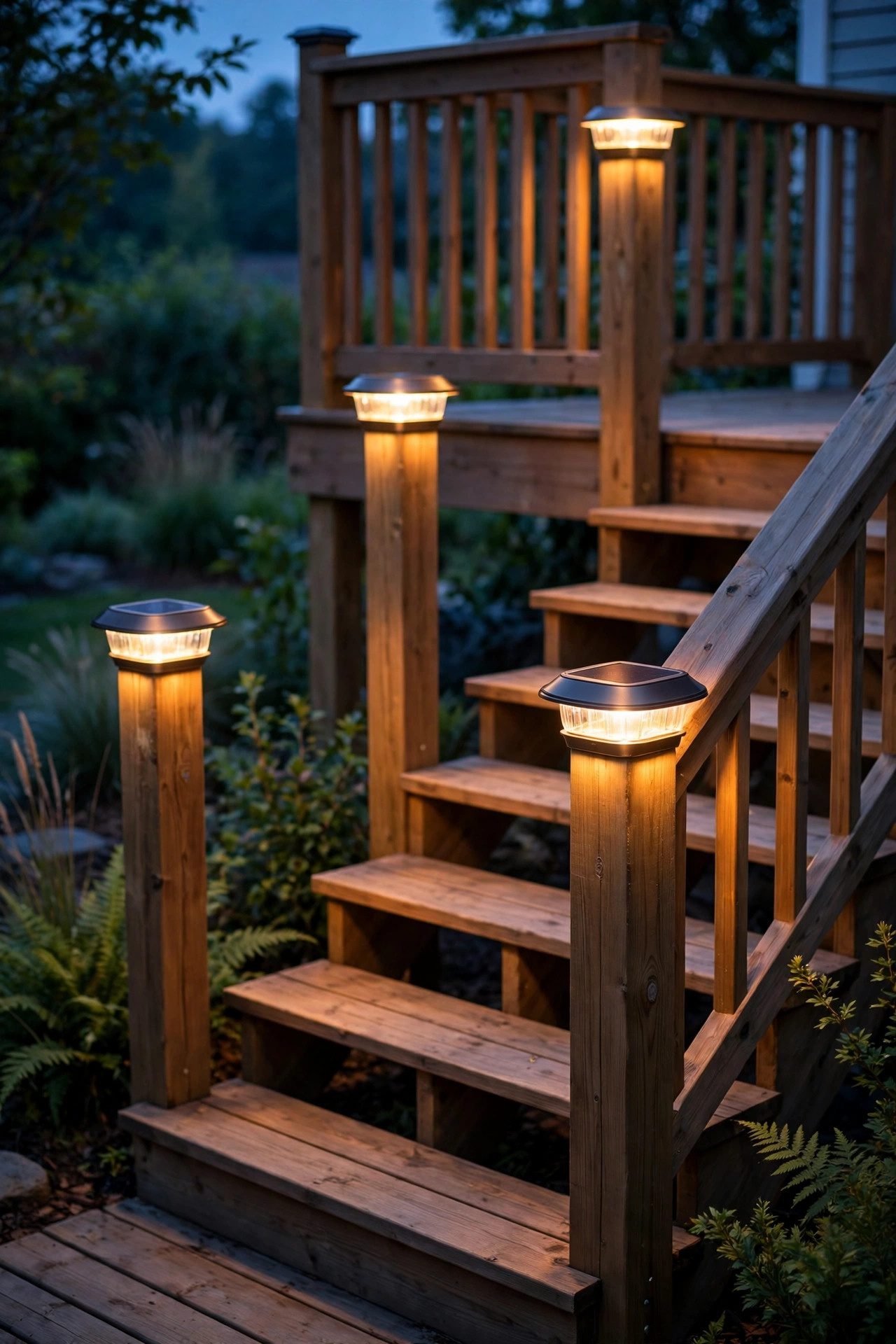 Solar cap lights on deck stair newel posts lighting the steps at dusk