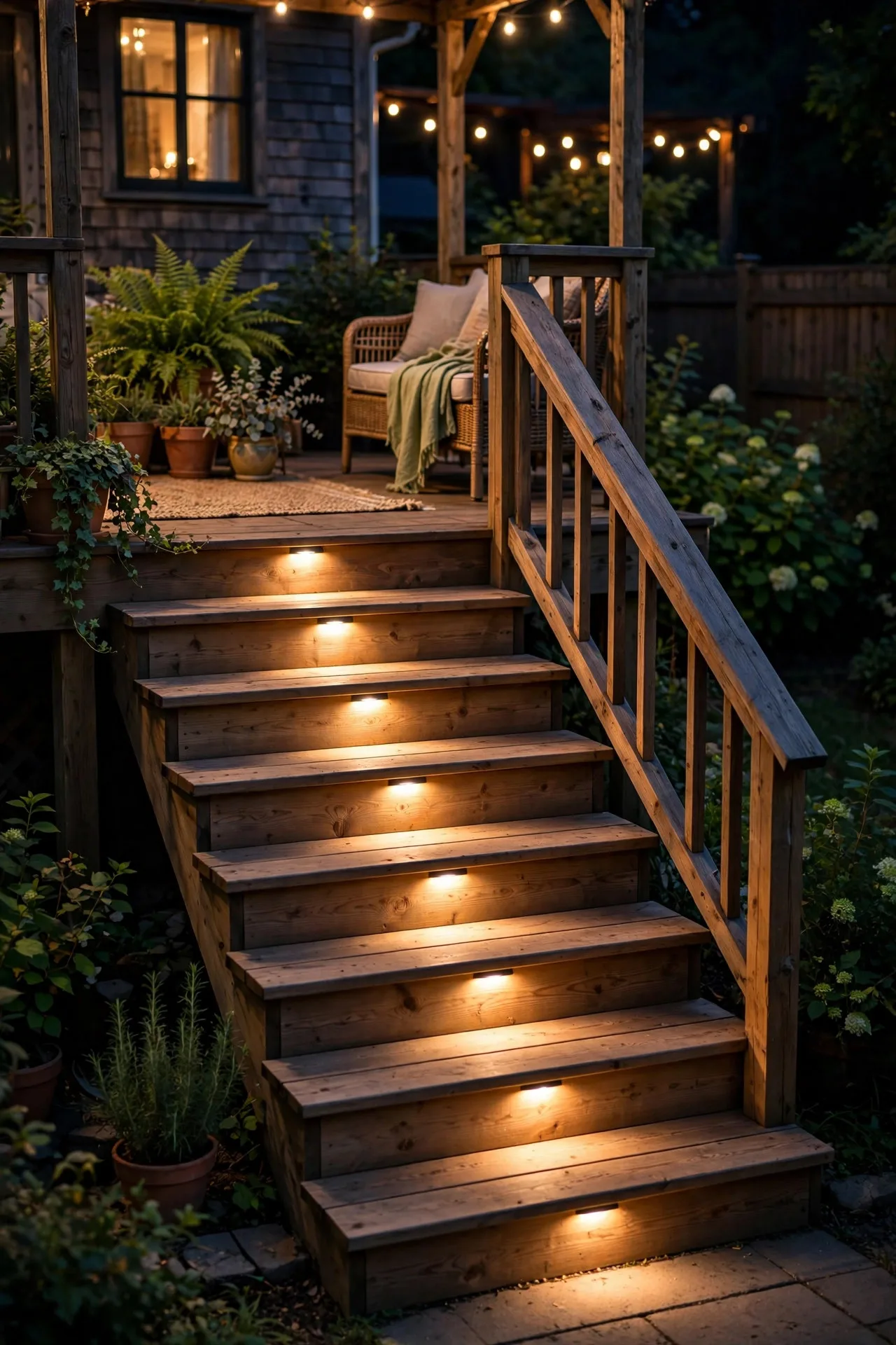 Warm LED step lights glowing along patio stairs at night for safety
