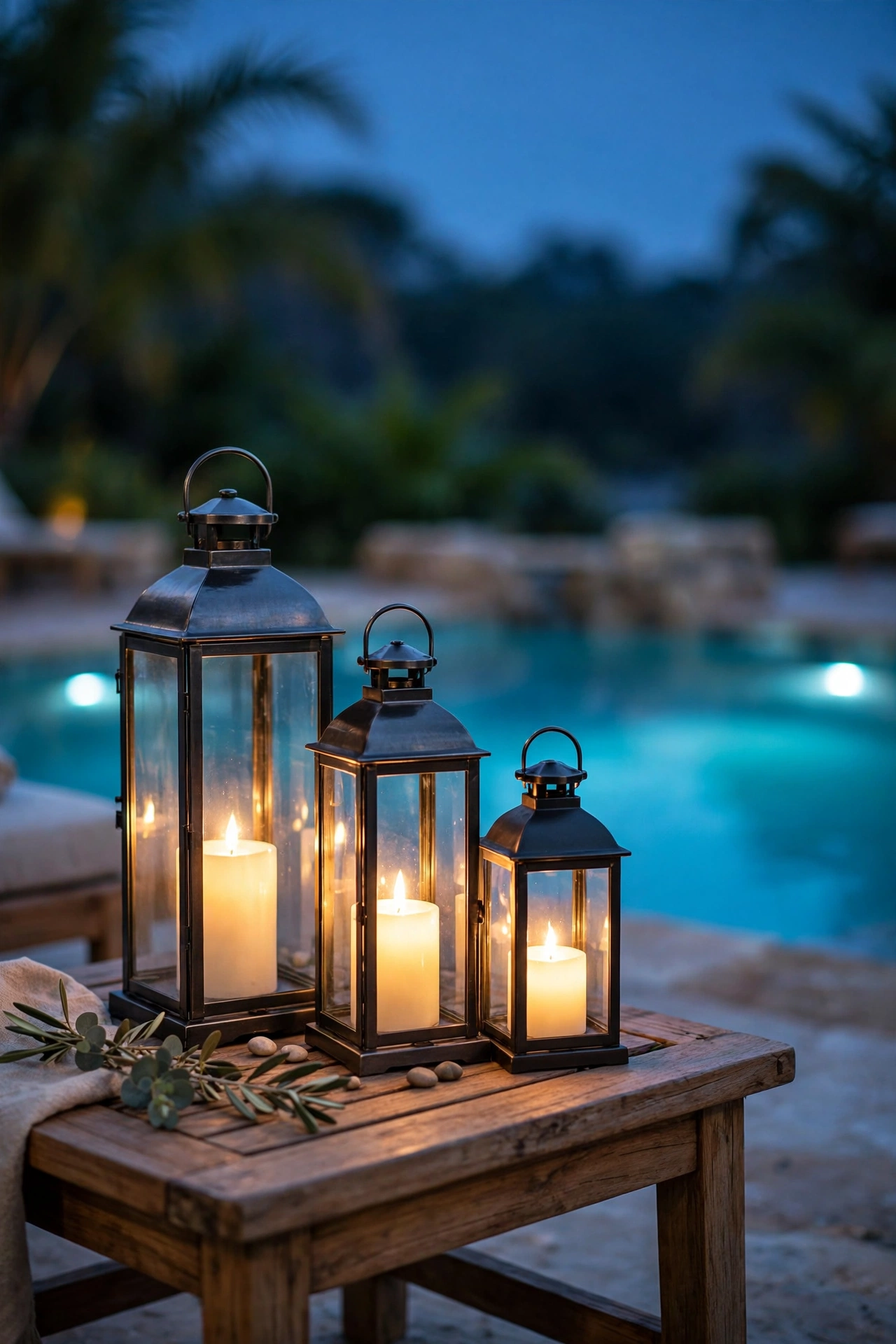 Cluster of glowing lanterns with LED candles arranged on a pool deck side table at dusk