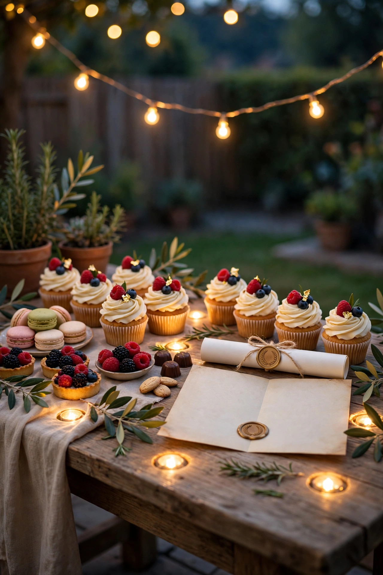 Dessert and diploma display table glowing under warm puck lights and fairy lights at a backyard party