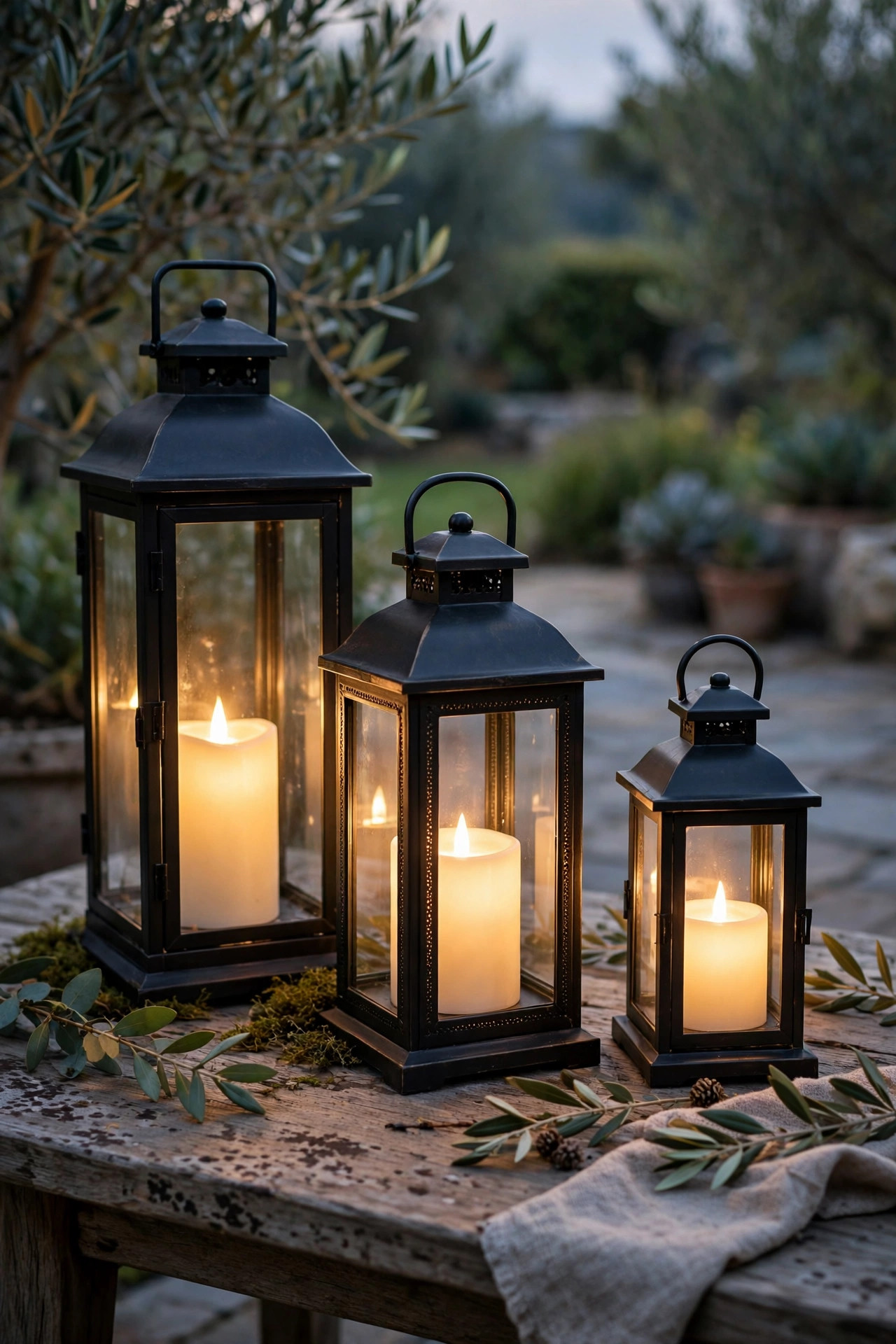 Three flameless lanterns of different heights dimmed to a candle-like glow on an outdoor table