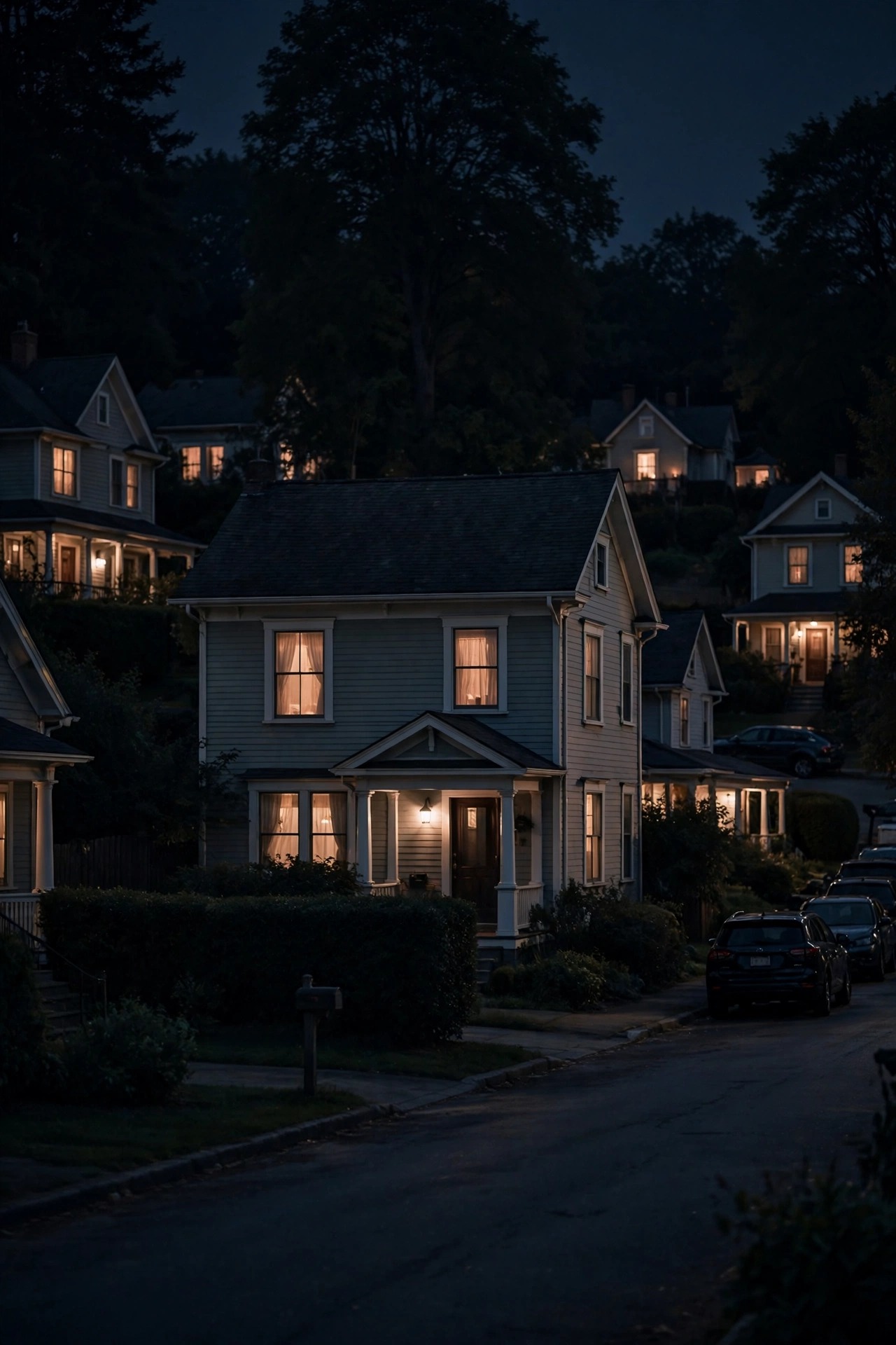 House exterior with softly dimmed warm porch and window lights blending naturally with neighboring homes at night