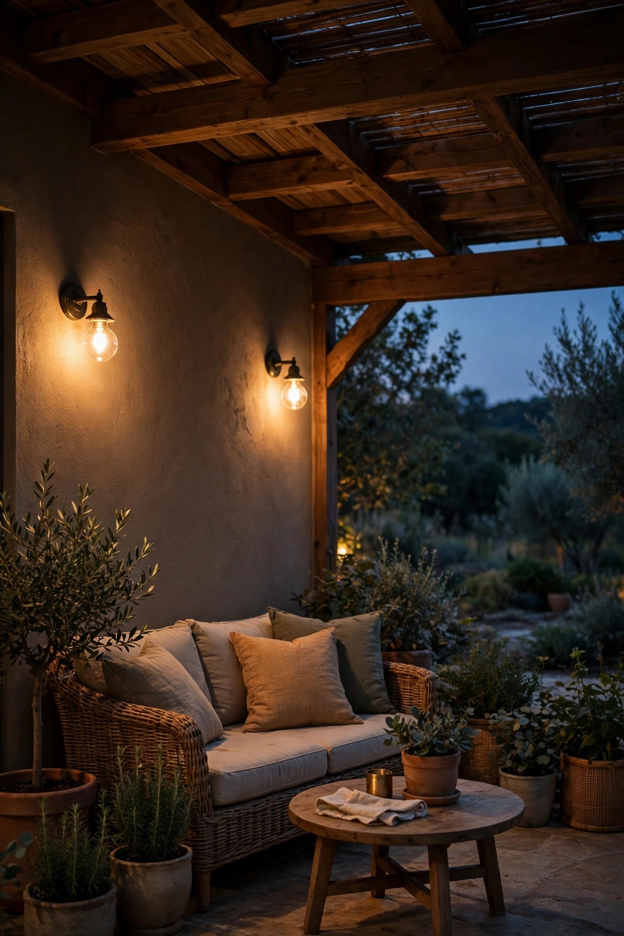 Covered patio lighting dimmed low and golden for evening conversation with smart bulbs in sconces