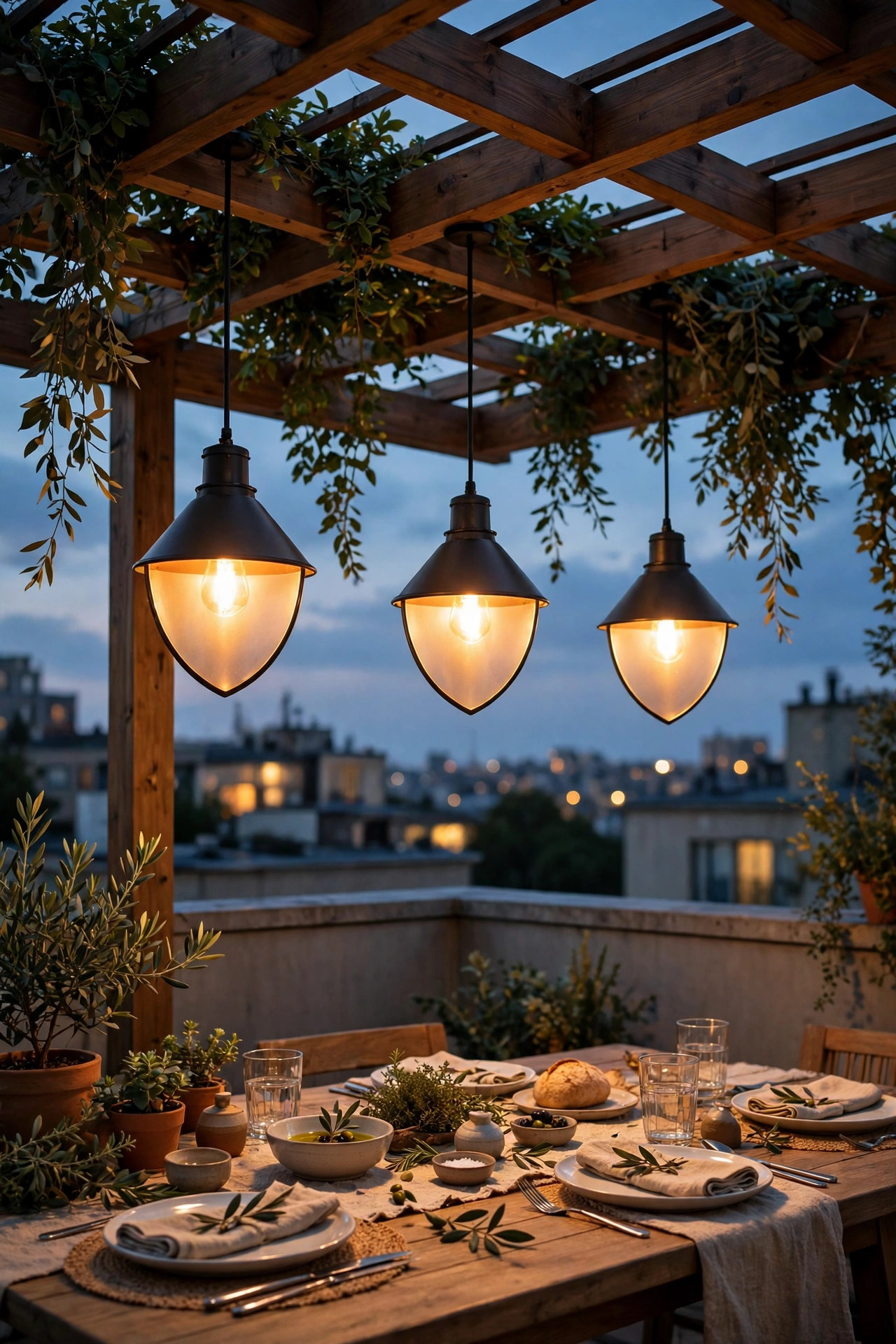 Shielded pendant lights glowing down over a dining table beneath a rooftop pergola