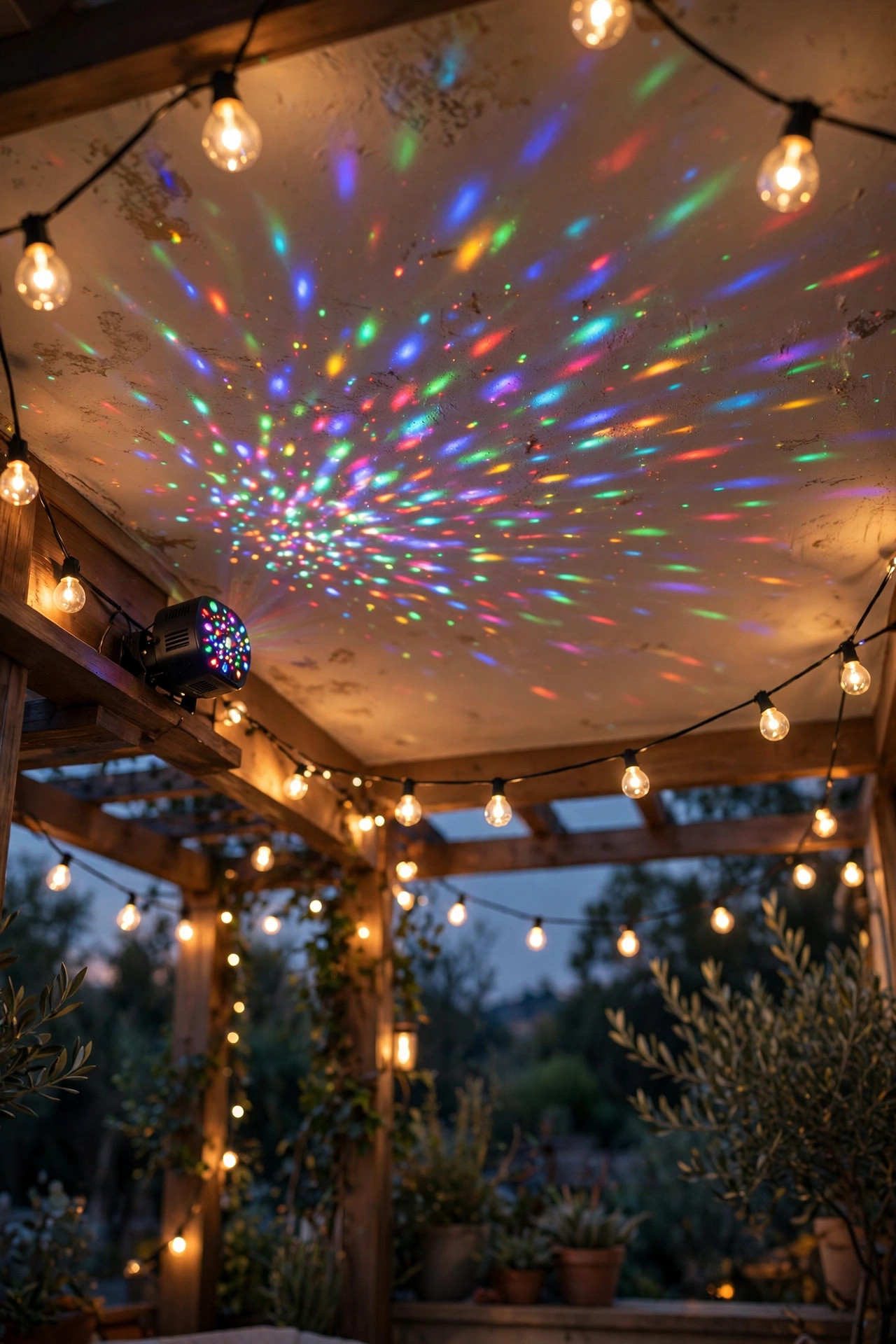 Small LED party light projecting soft moving dots onto a patio ceiling during a dance break