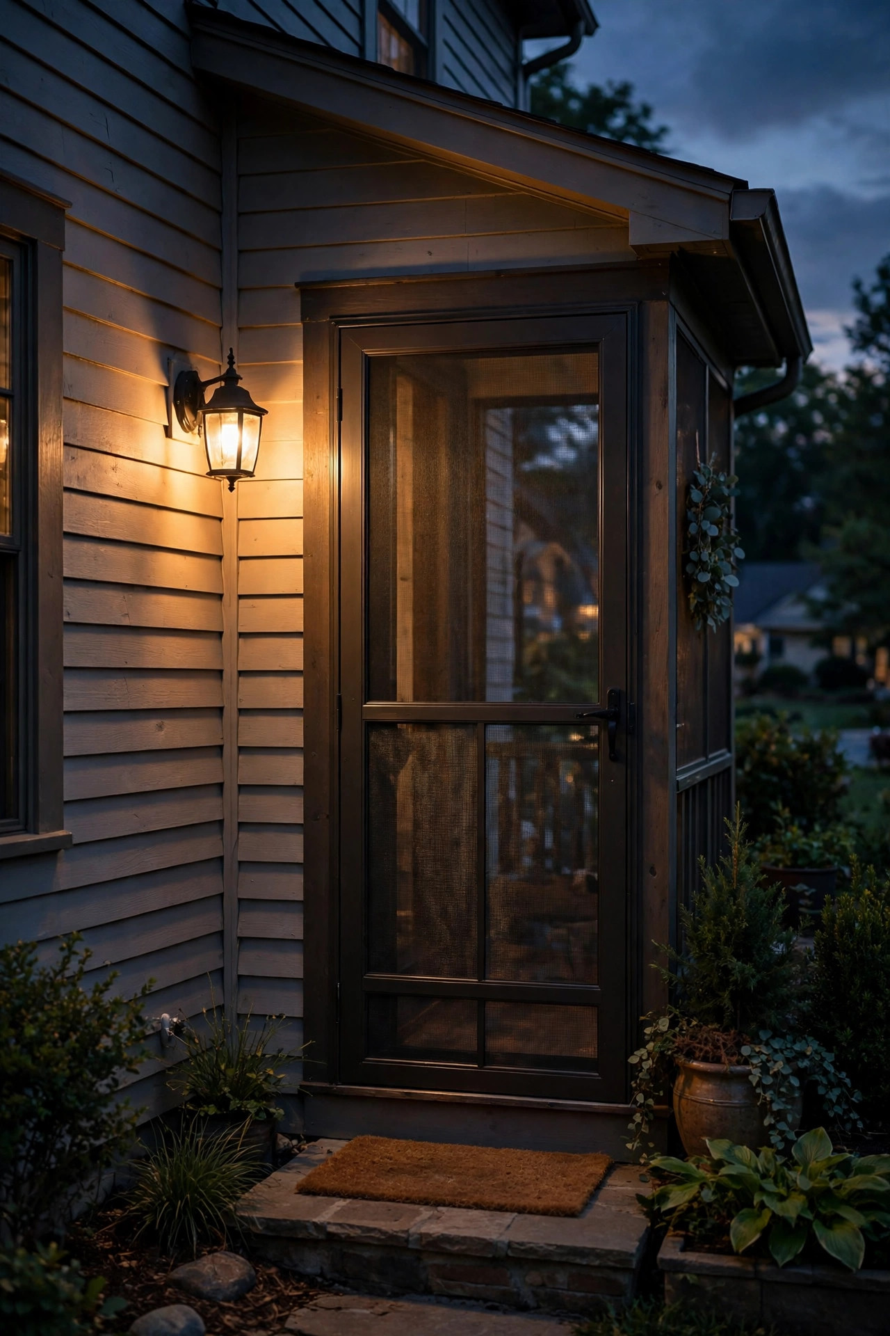Dusk-to-dawn wall sconce glowing warmly beside a screened porch door at nightfall