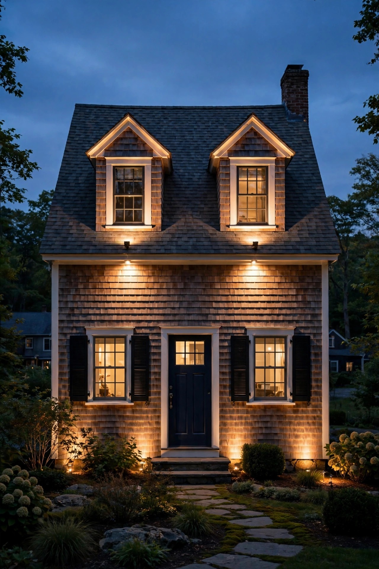 Soft uplighting catching the dormers and second story of a small Cape Cod house at night, restoring its full height