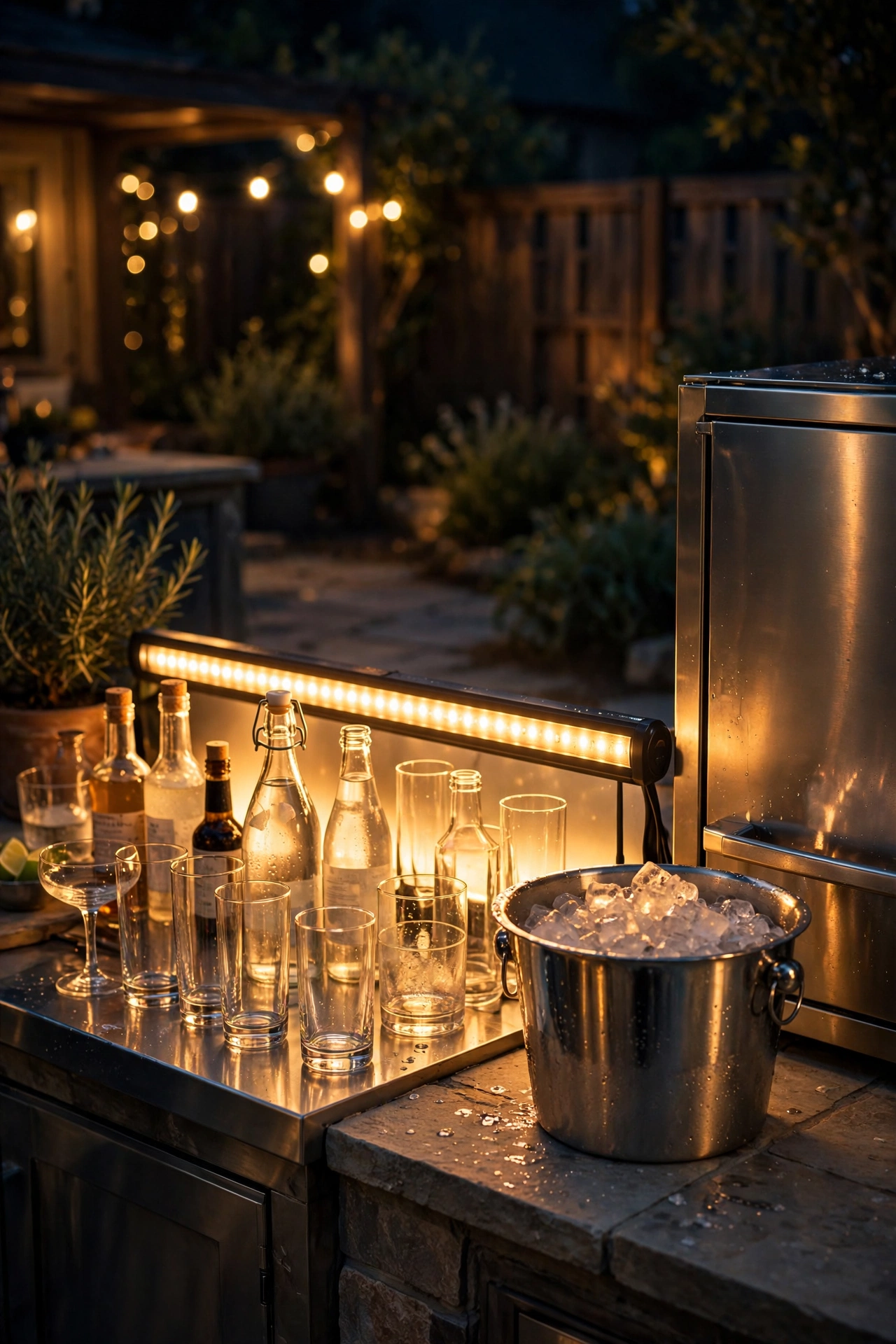 Waterproof LED bar glowing behind glassware at outdoor kitchen drink station at night