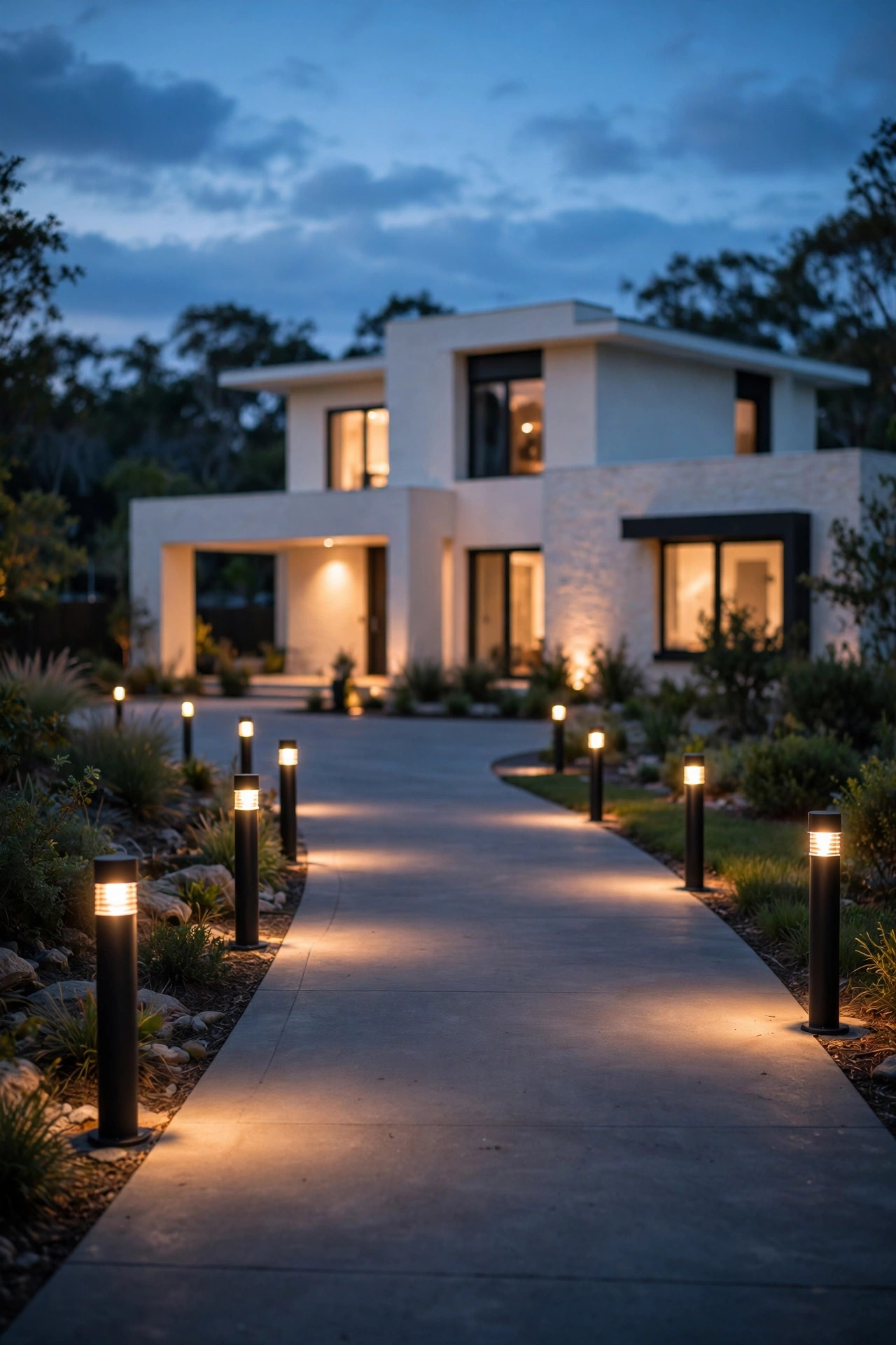 Rustic wooden bollard lights marking the edge of a front driveway at dusk