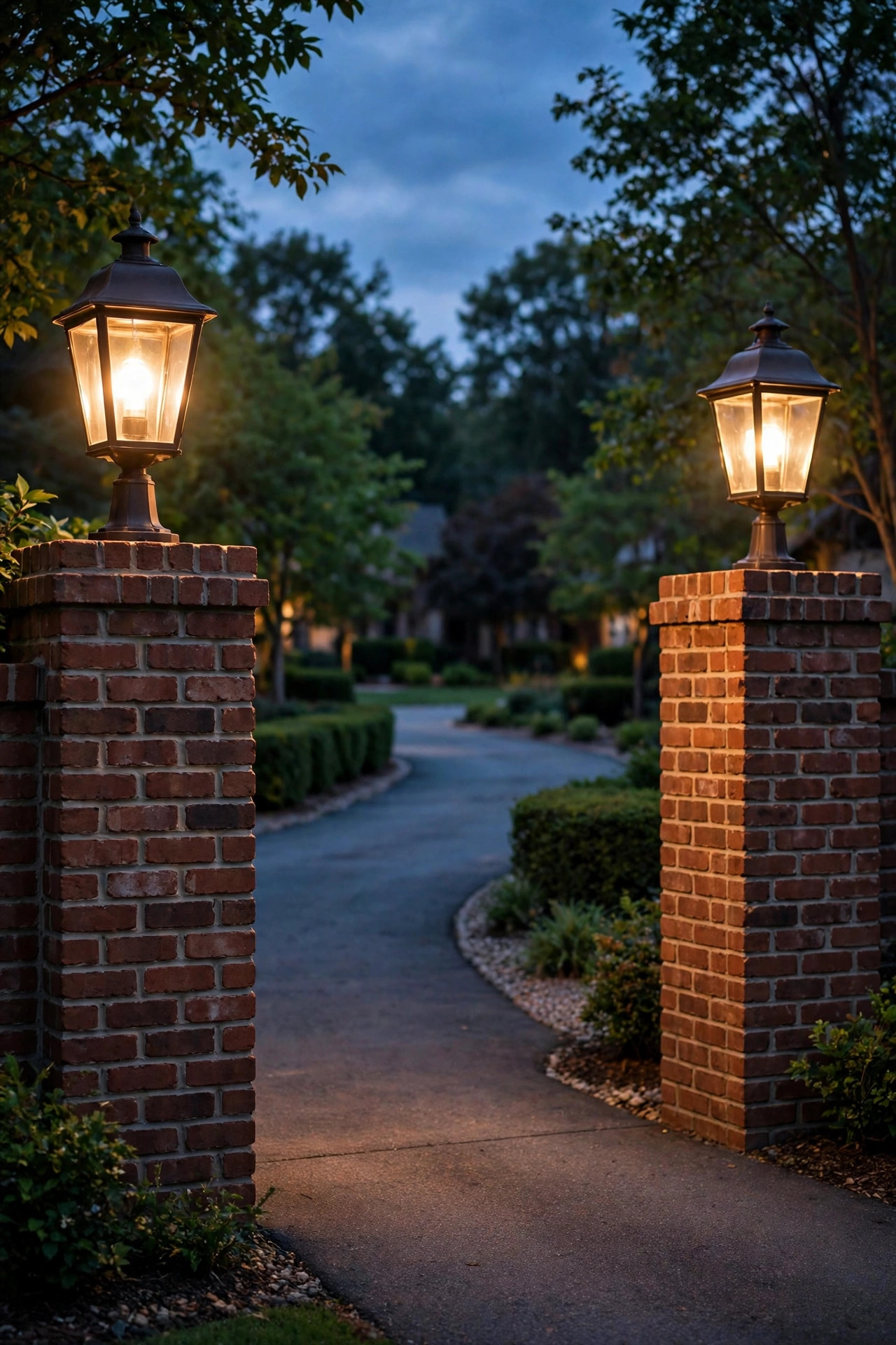 Matching lantern post lights on brick pillars flanking a driveway entrance at dusk