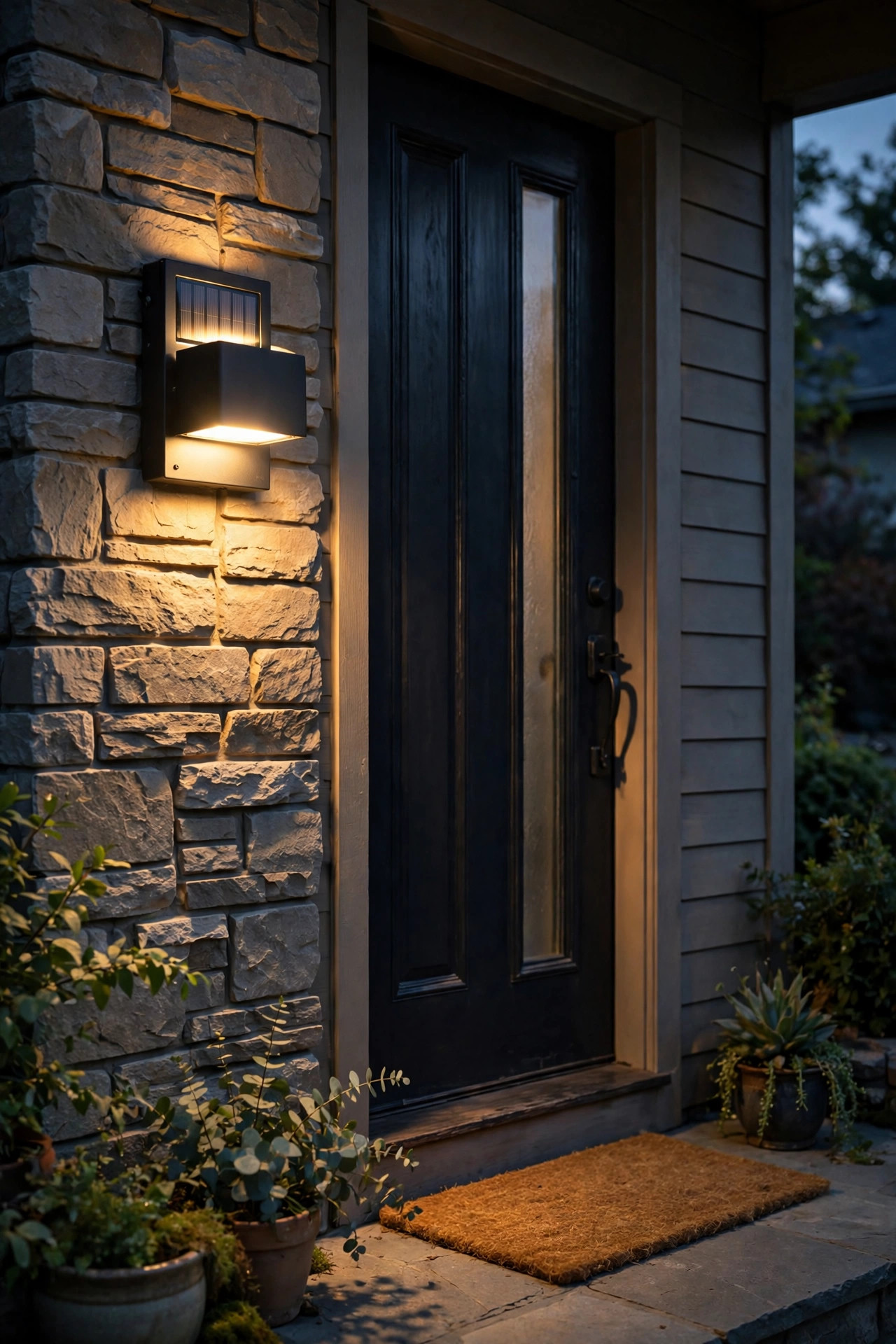 Dual-mode solar wall sconce glowing softly beside a front door, brightening as someone approaches