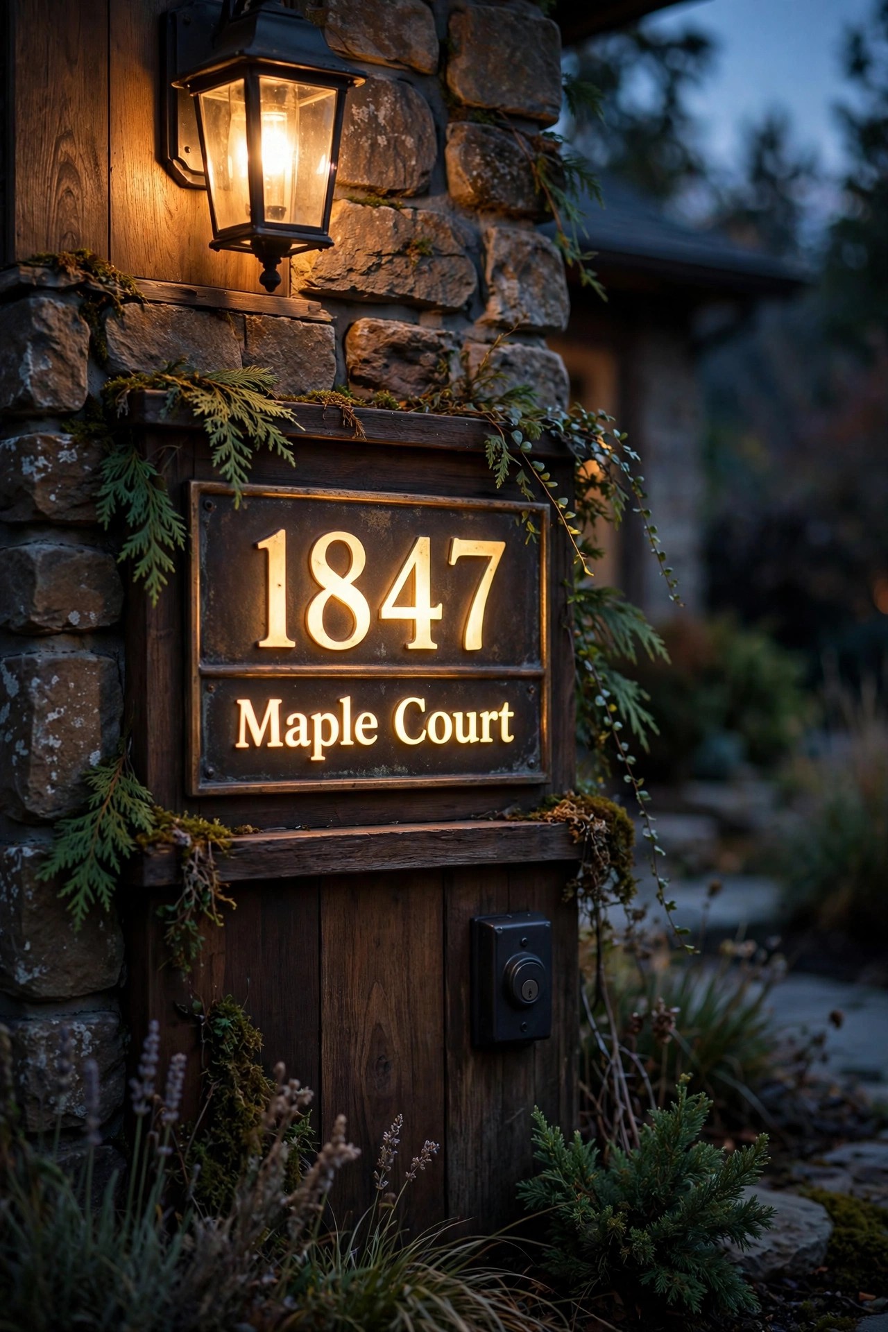 Dusk-to-dawn illuminated address plaque showing house numbers and street name glowing after sunset
