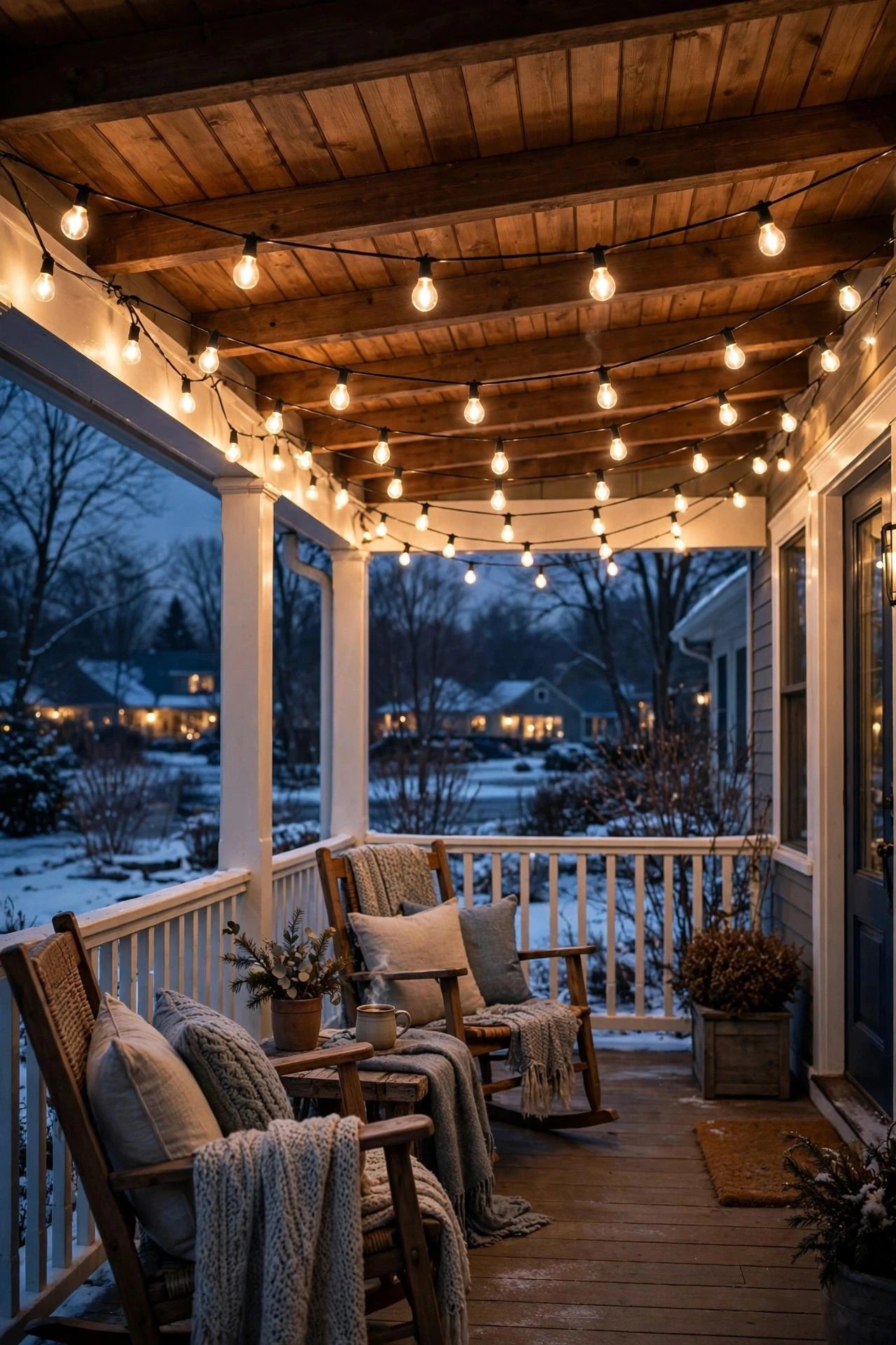 Edison bulb string light canopy glowing warmly under a covered porch ceiling in winter