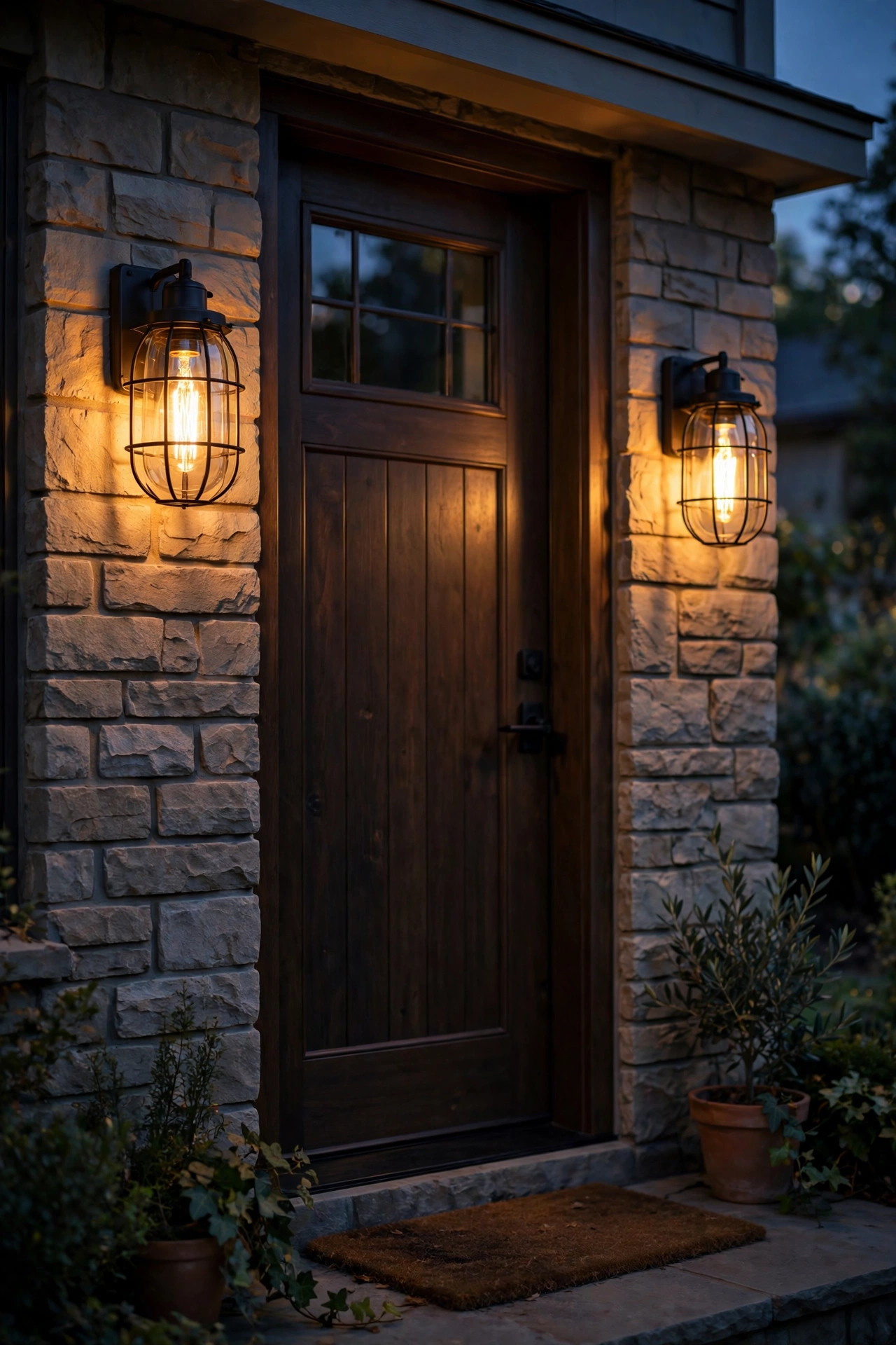 Pair of cage sconces with filament-style LED bulbs glowing warmly beside a front door