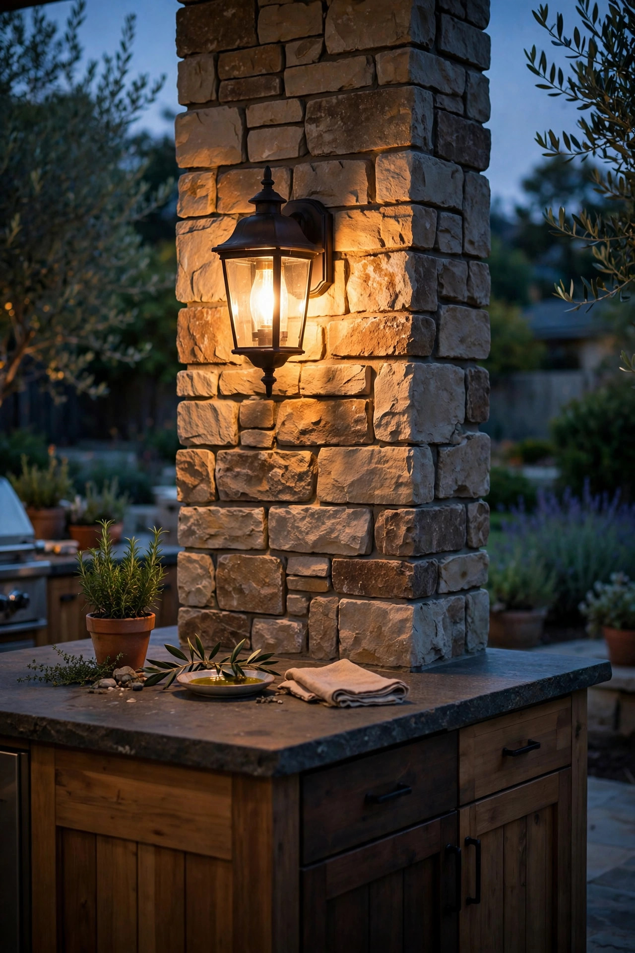 Warm wall sconce mounted on the stone end panel of an outdoor kitchen island at dusk