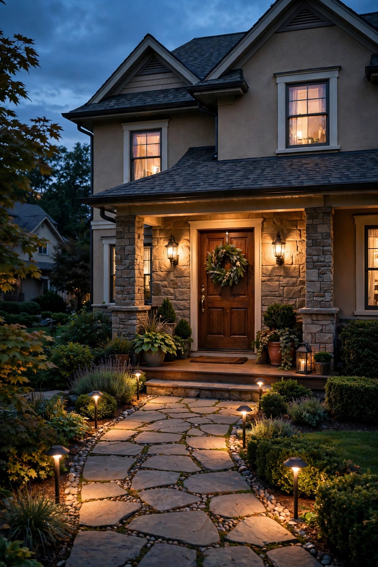 Welcoming front porch and walkway glowing warmly at full dusk, a finished outdoor smart lighting setup working flawlessly