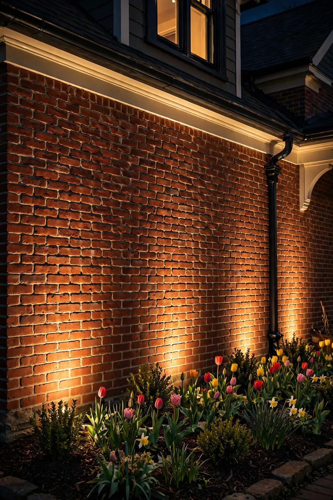 Low floodlights grazing warm light up a brick facade at night, highlighting texture and mortar lines