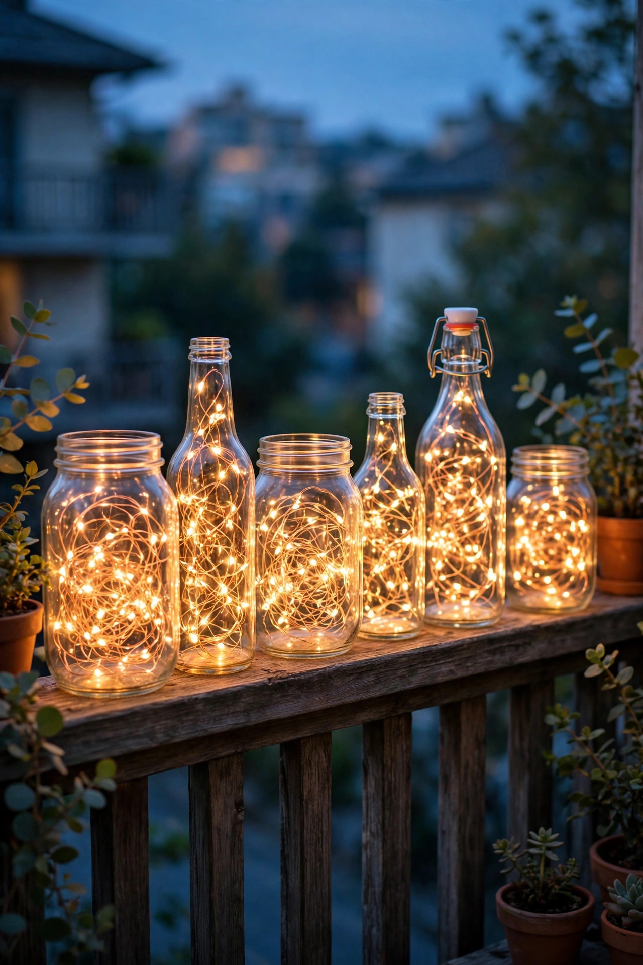 Mason jars and bottles filled with warm copper-wire fairy lights glowing along a balcony railing