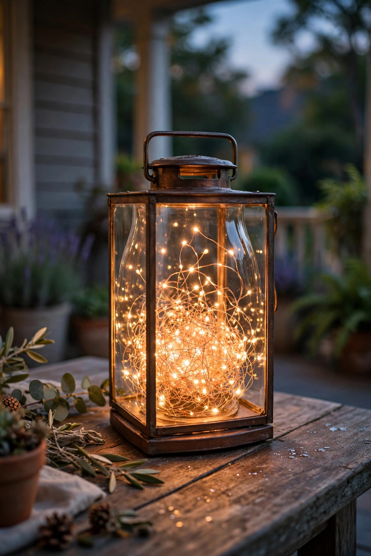 Glass lantern filled with warm copper-wire fairy lights glowing like fireflies on a porch table