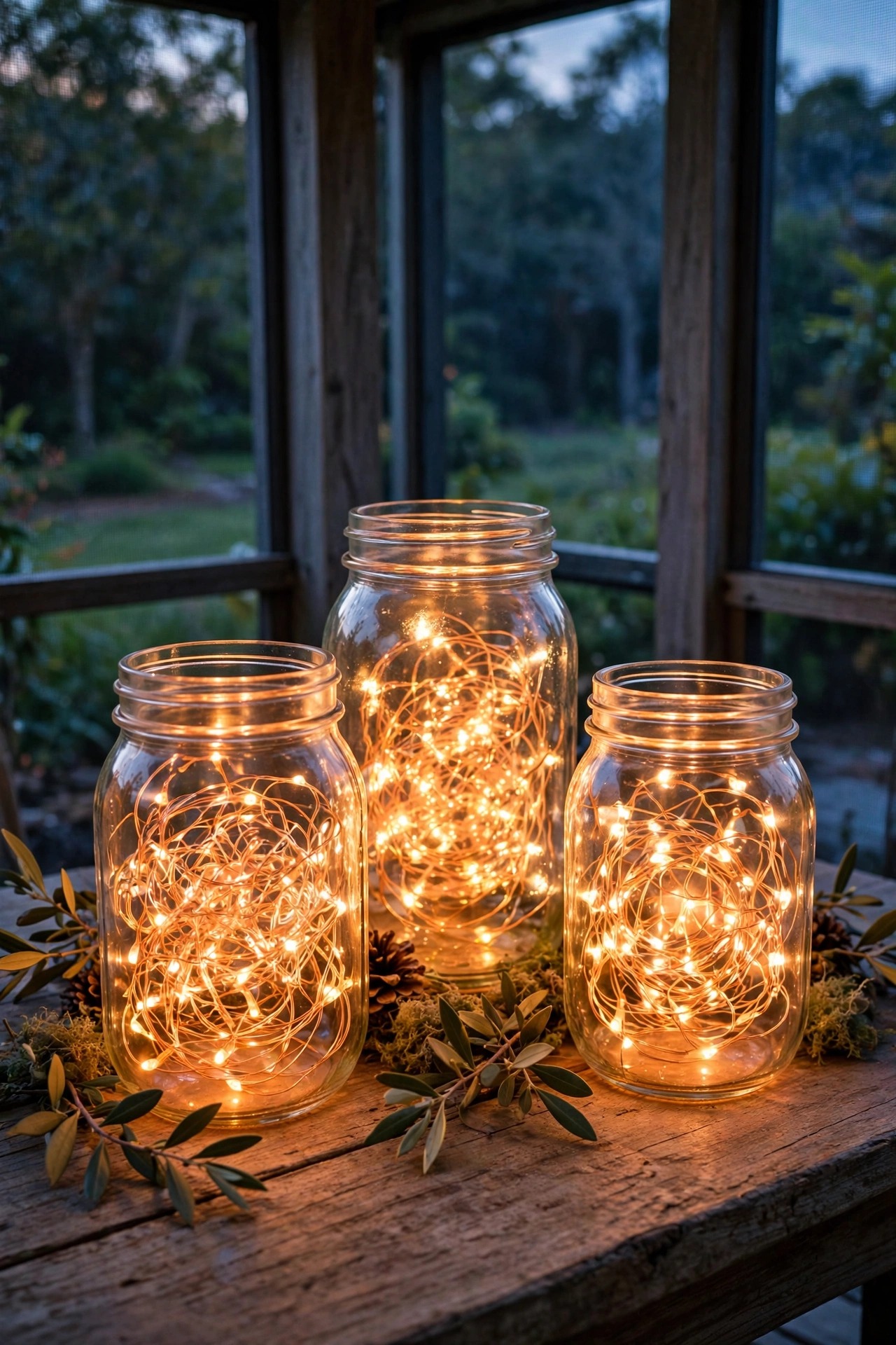 Mason jars filled with warm copper-wire fairy lights glowing as a screened porch table centerpiece