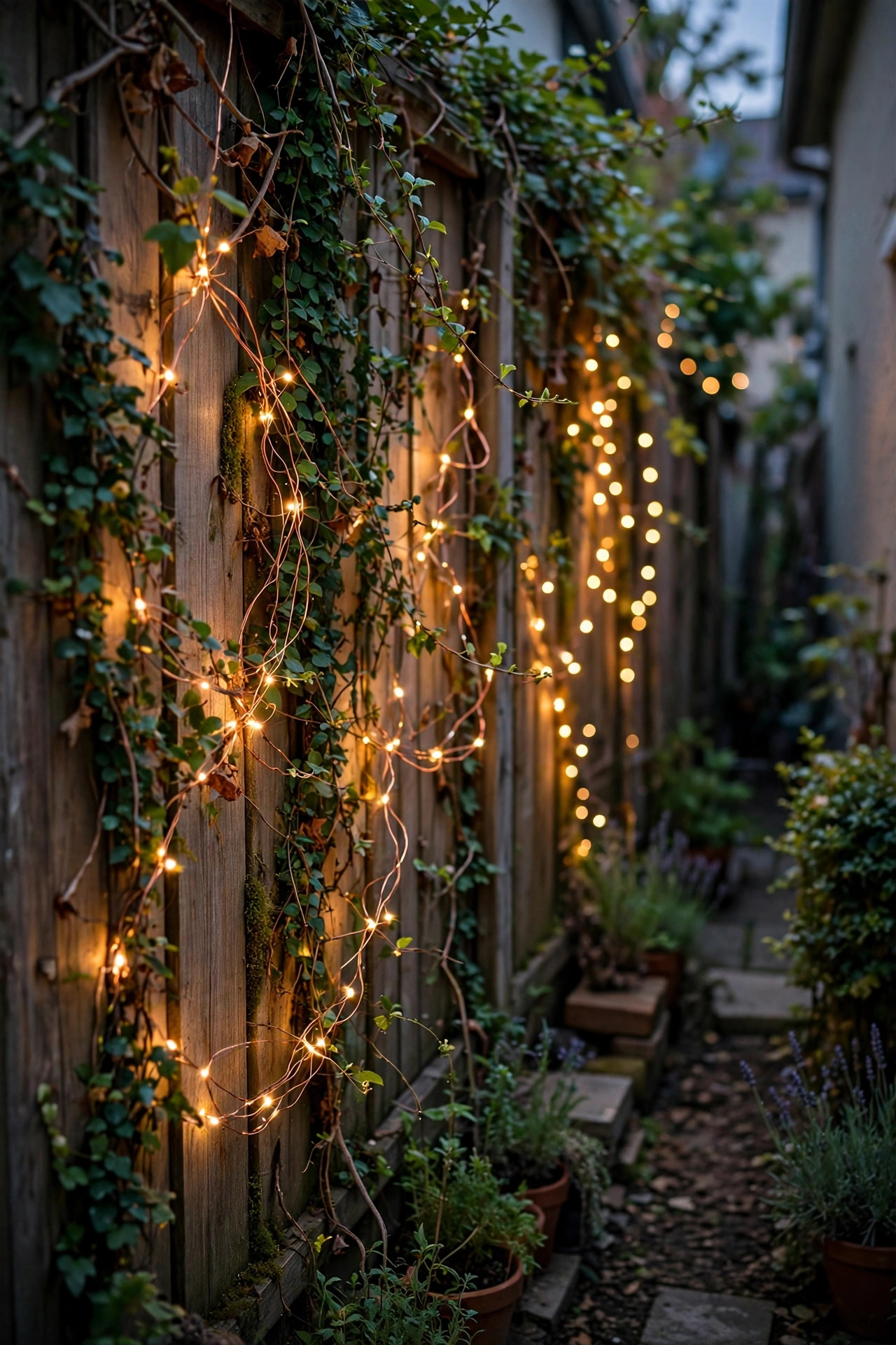 Copper wire fairy lights woven through climbing vines on a fence in a narrow side yard, tiny warm points of light at dusk