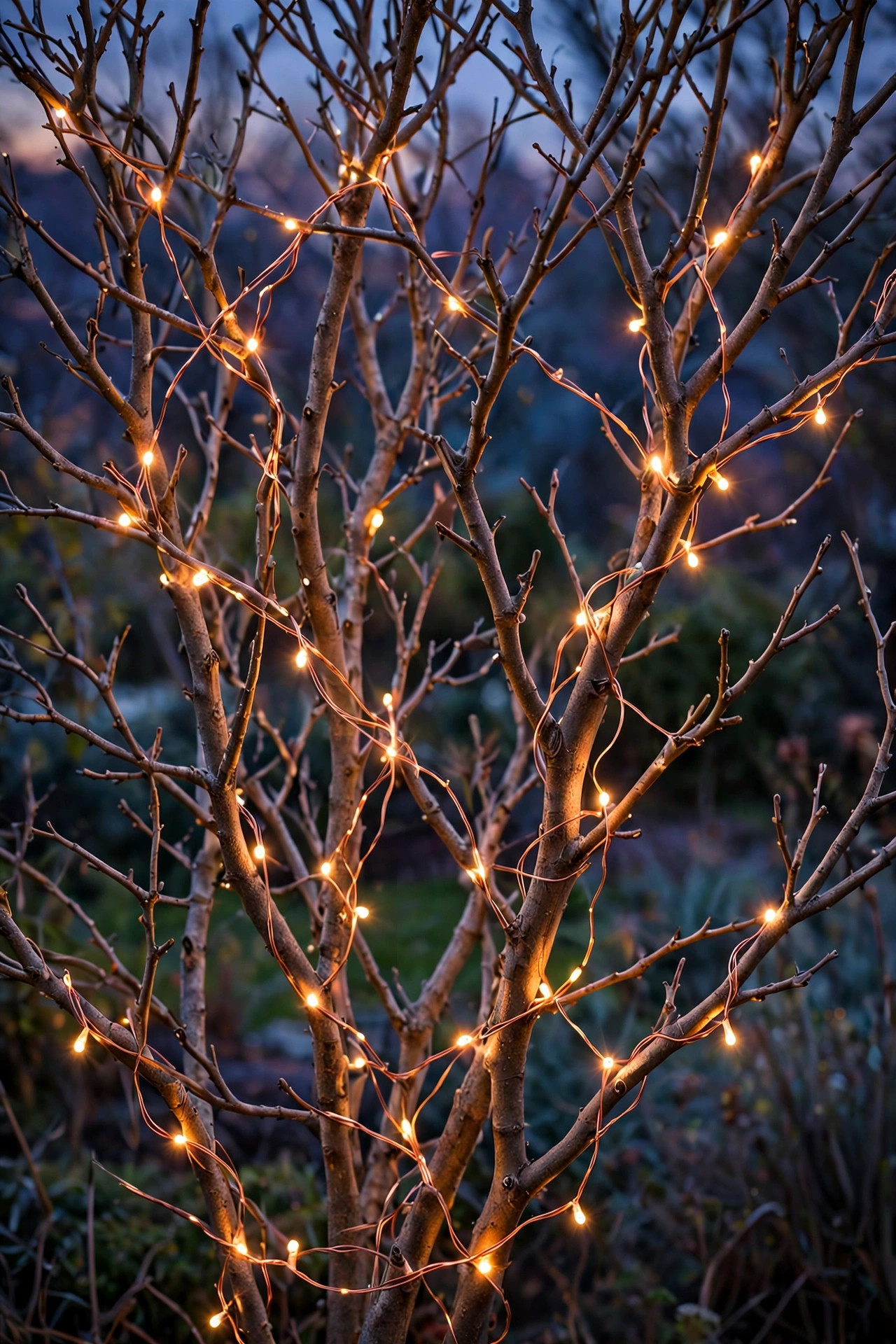 Bare deciduous tree branches woven with warm copper-wire fairy lights glowing at dusk