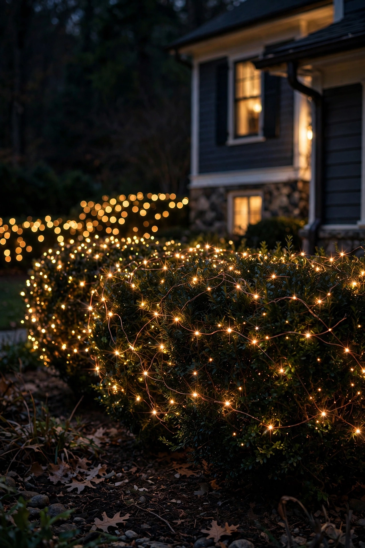 Twinkling copper-wire fairy lights woven through a dark evergreen hedge in a side yard