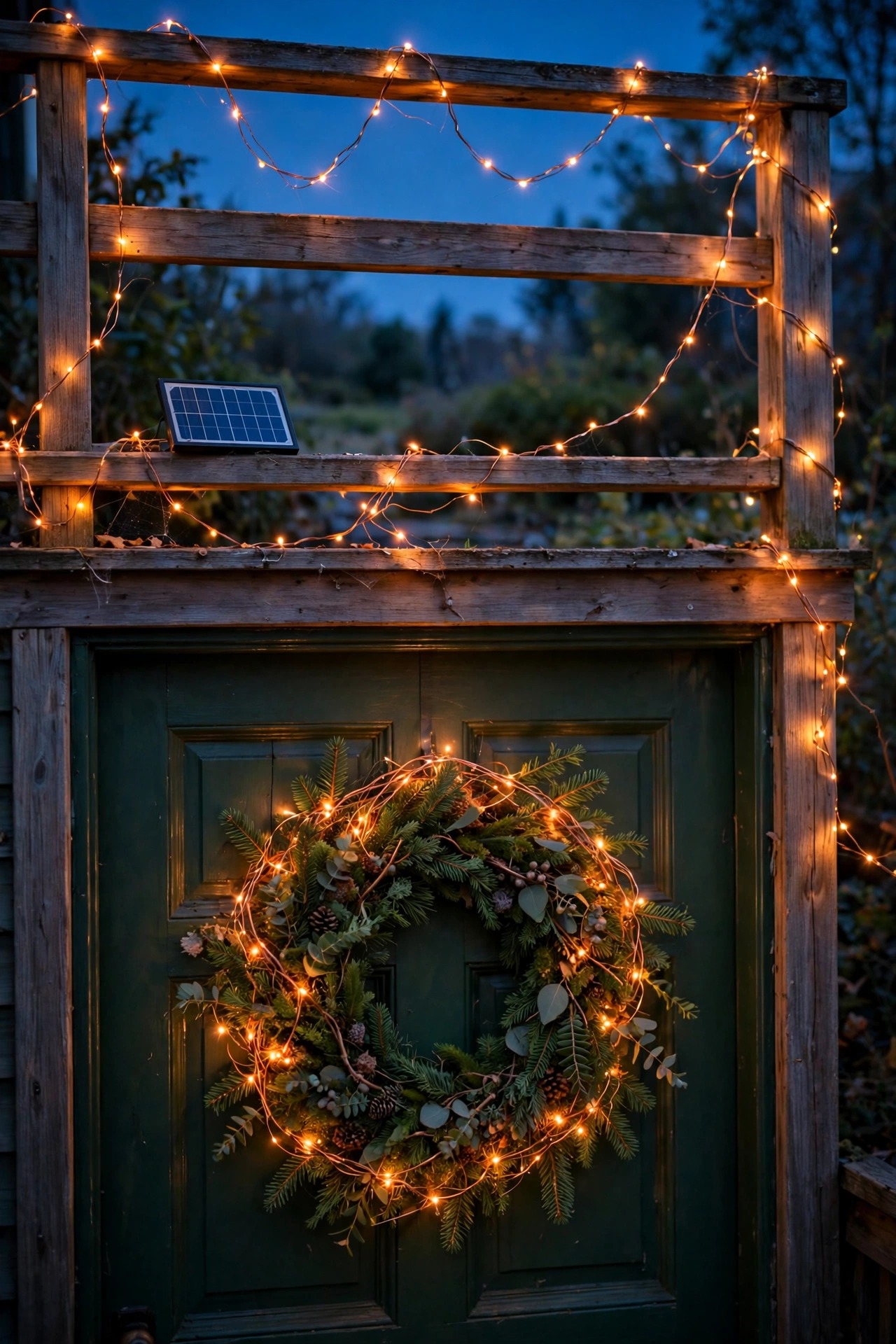Warm copper wire fairy lights wound through a porch railing and a door wreath sparkling at dusk, tiny solar panel resting on the sunny rail