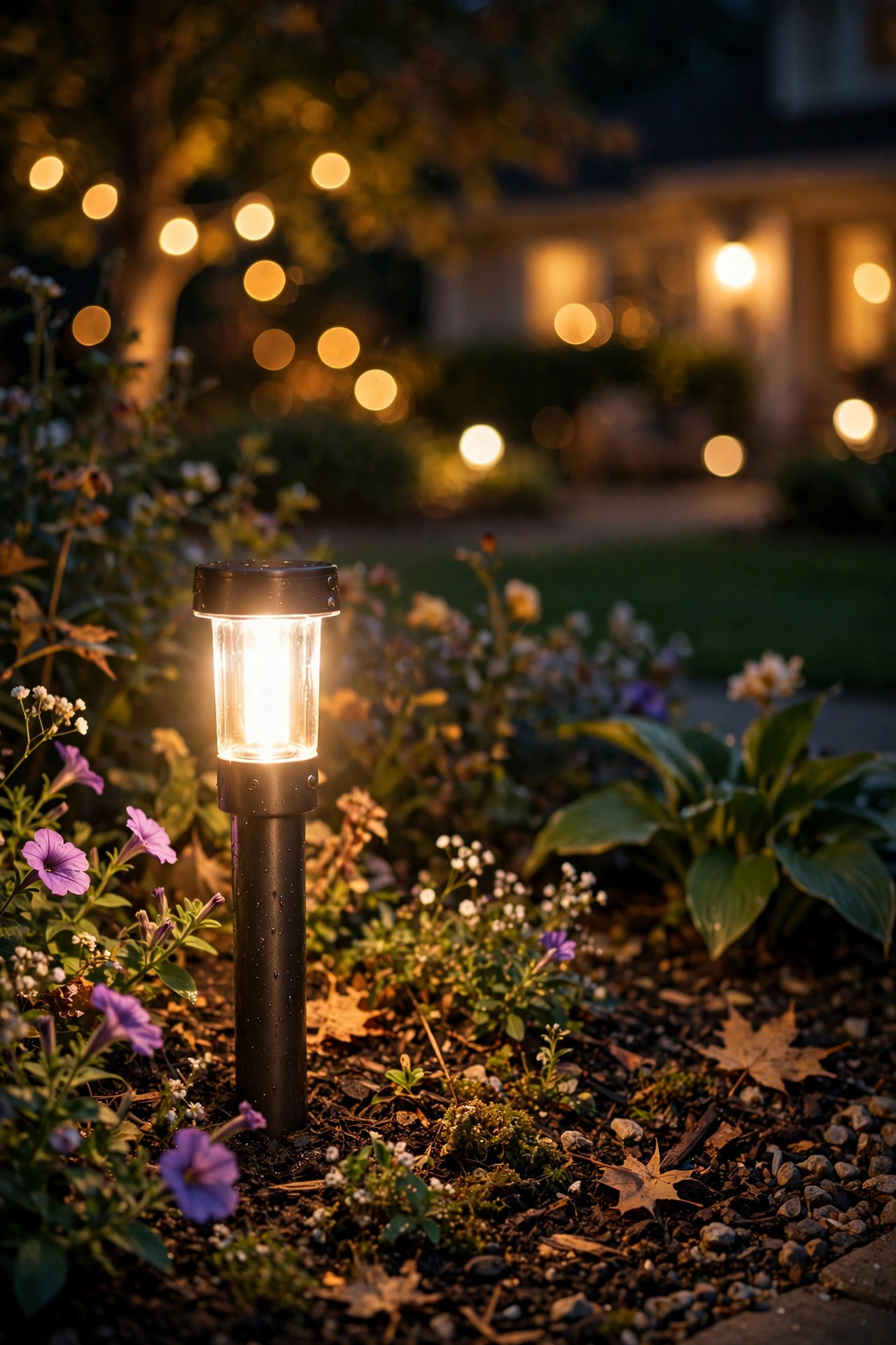Close-up of a warm white LED path light glowing beside a flower bed at night