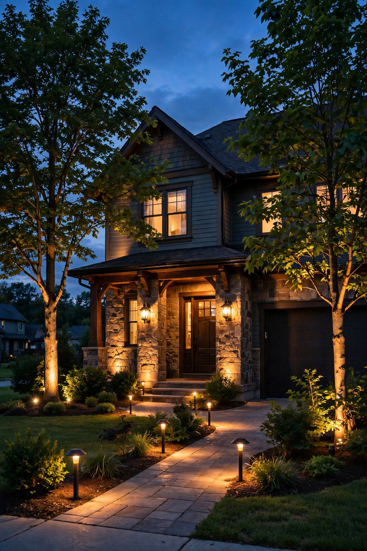 Warm suburban home exterior with layered outdoor lighting curb appeal at twilight