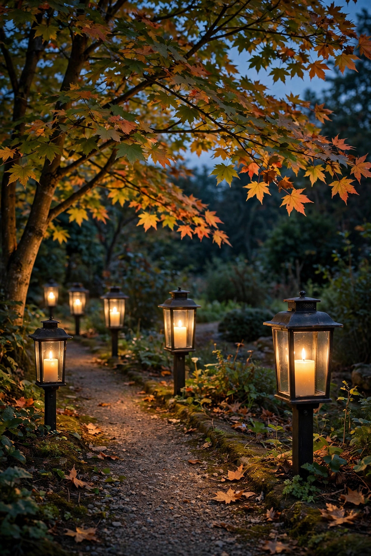Weatherproof lantern style path lights with realistic faux candle pillars glowing under a maple tree along a side path