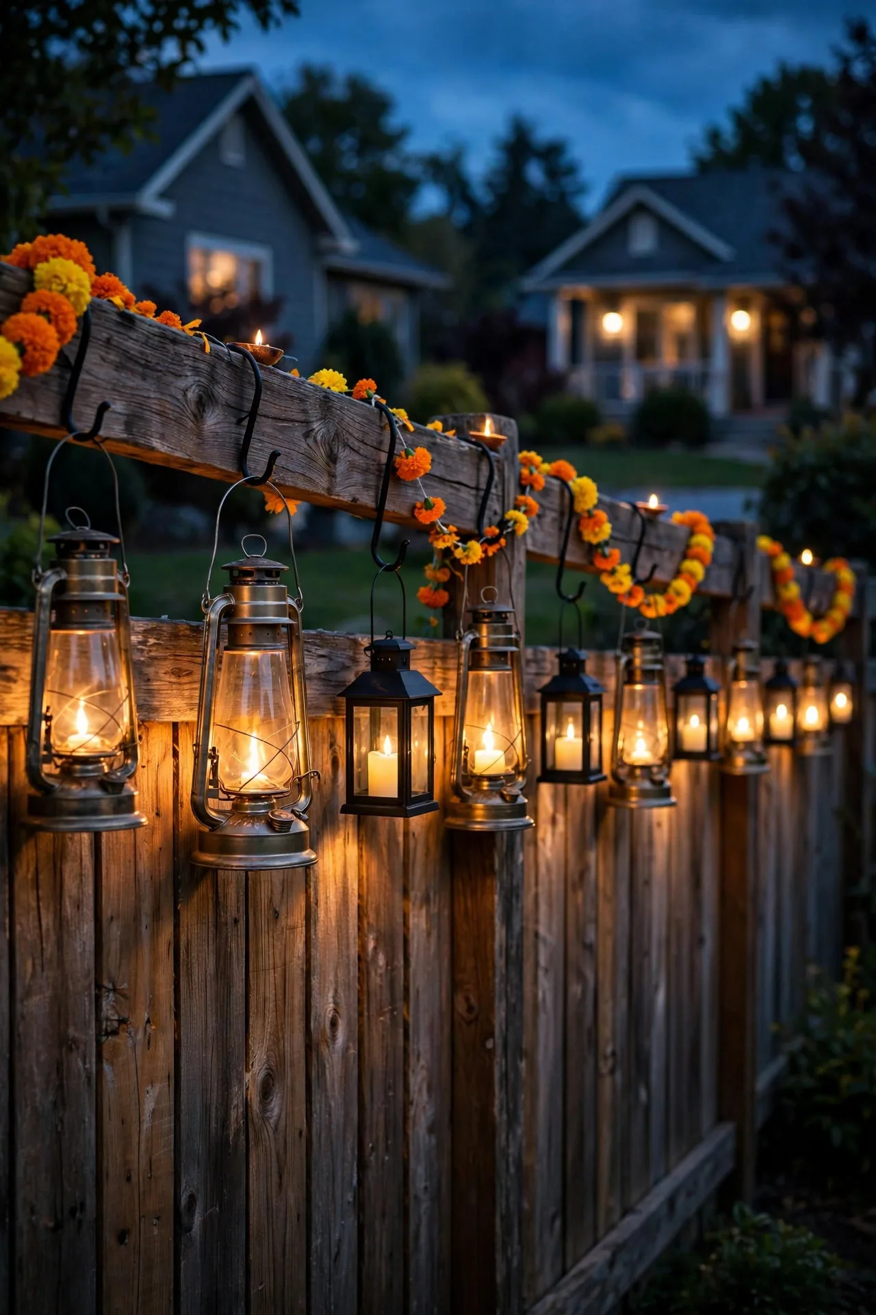 Wooden fence lined with glowing metal lanterns at dusk for Diwali