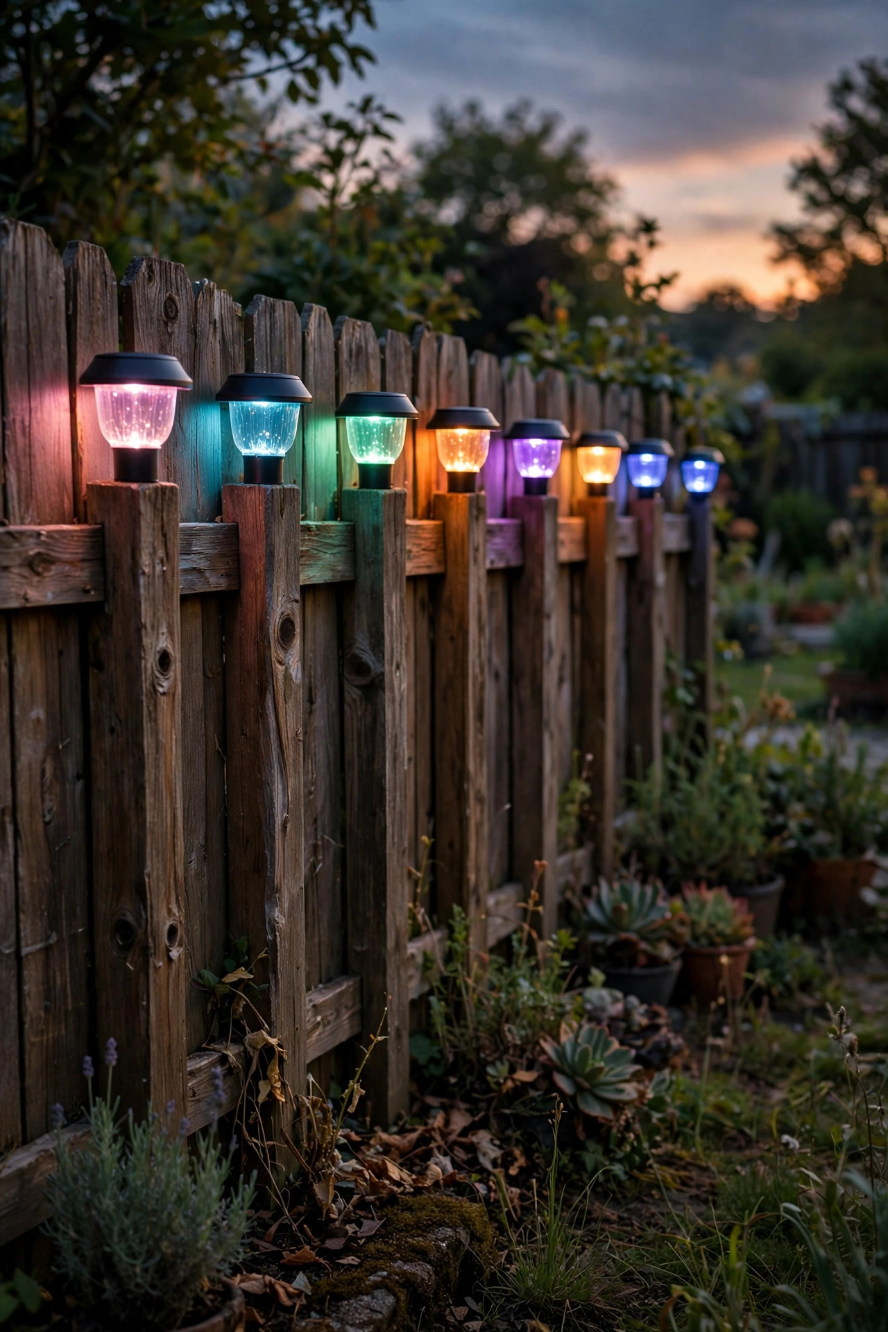 Color changing solar cap lights glowing along the top of a wooden backyard fence at dusk