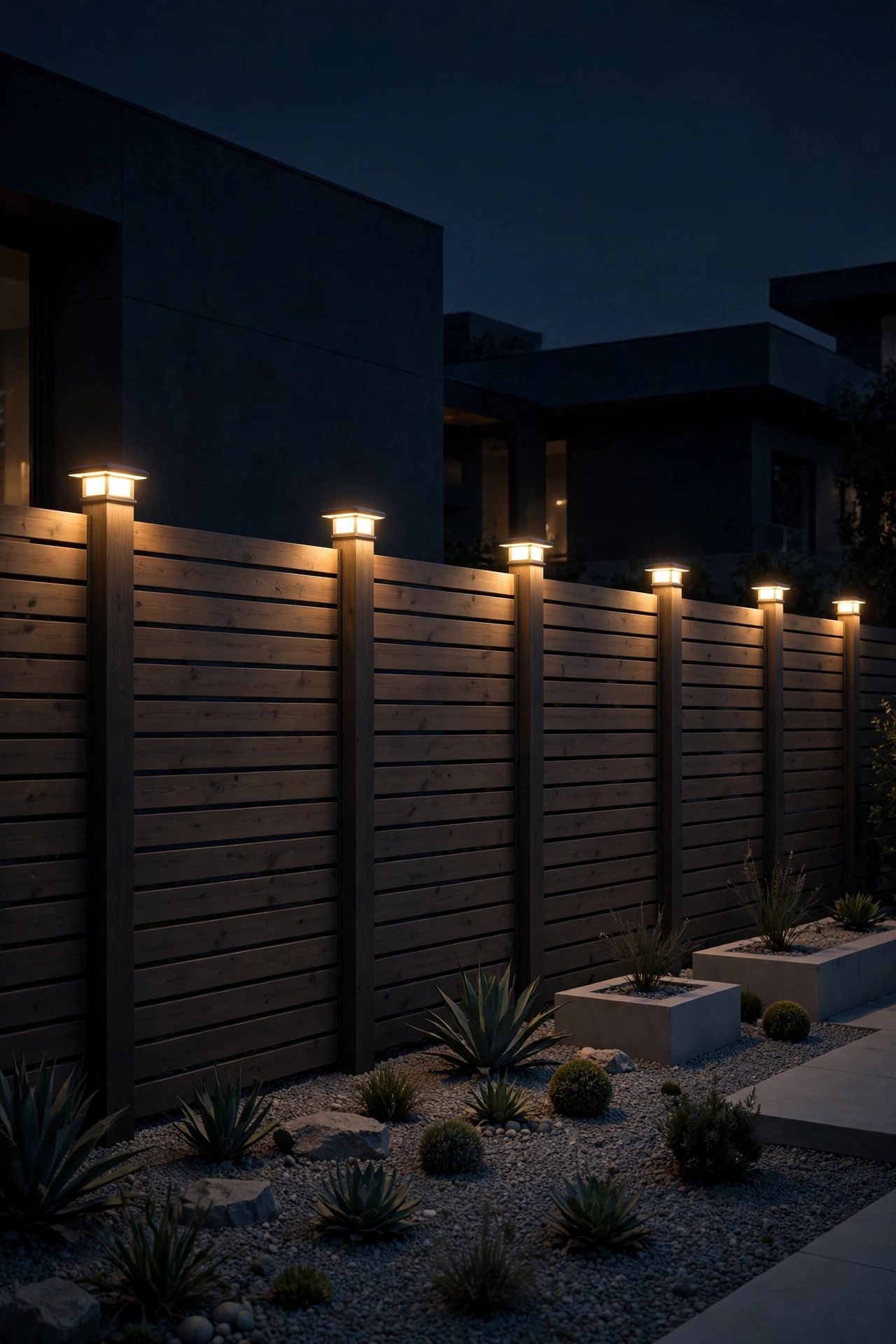 Sleek low-profile light caps glowing on modern fence posts at night