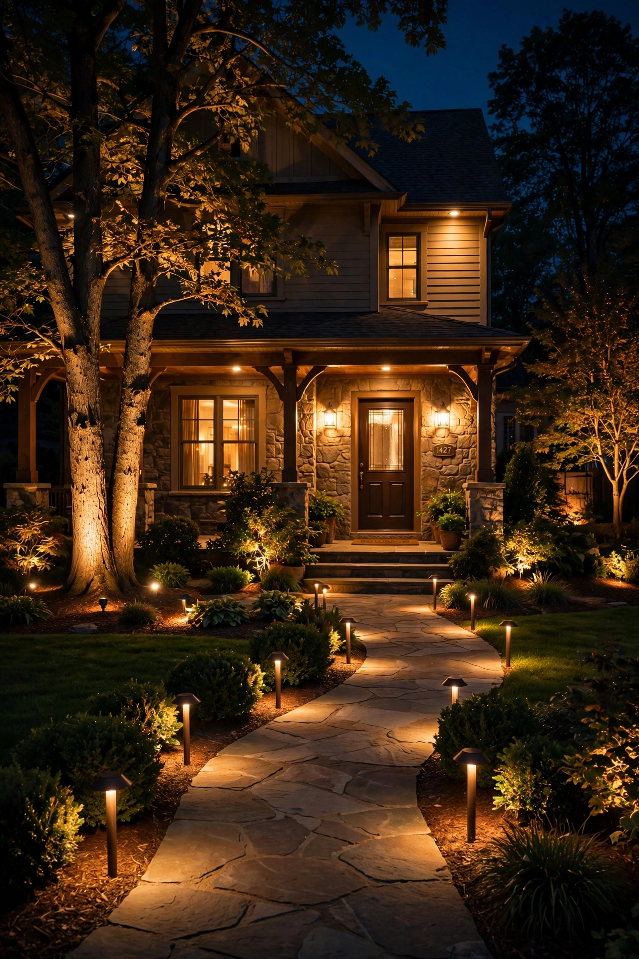 Warm inviting suburban front yard at night with professional-quality layered landscape lighting