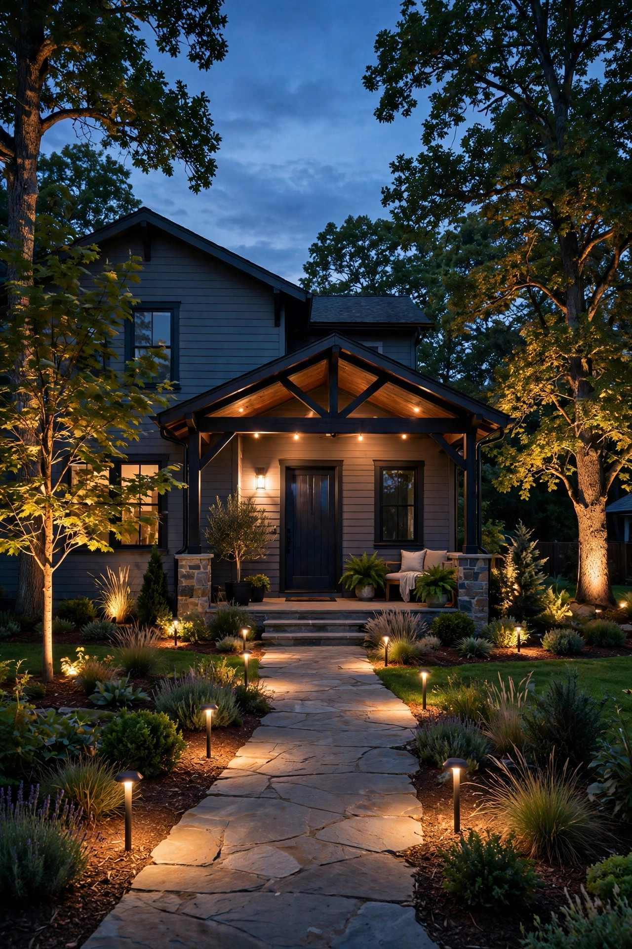Finished front yard at dusk after a full halogen to LED landscape lighting conversion, warm path lights, tree uplights and porch glow in one even layered design