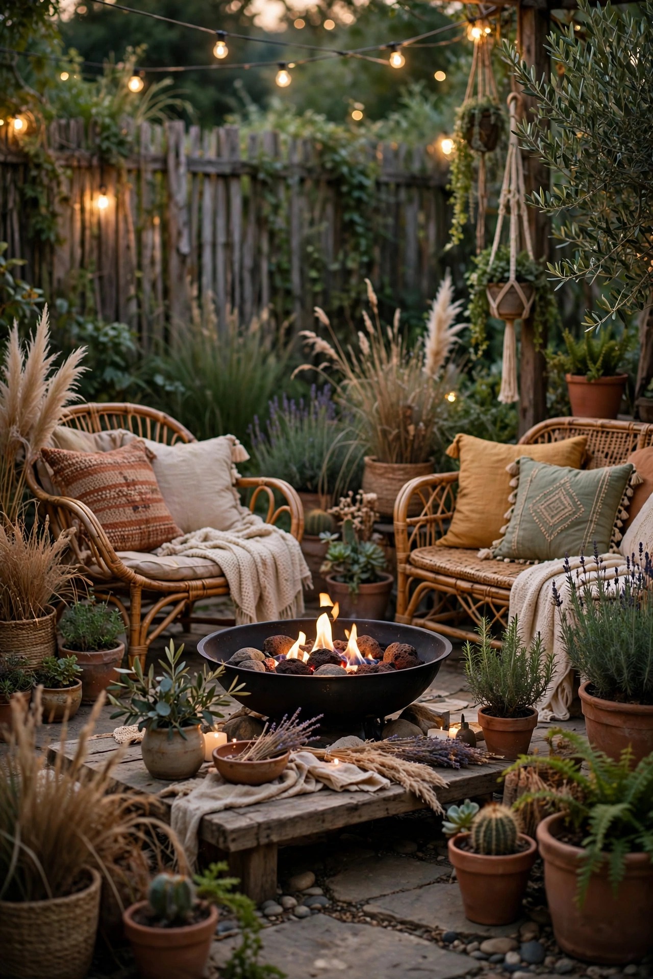 Fire bowl with gentle flames anchoring a boho garden seating area on a warm evening