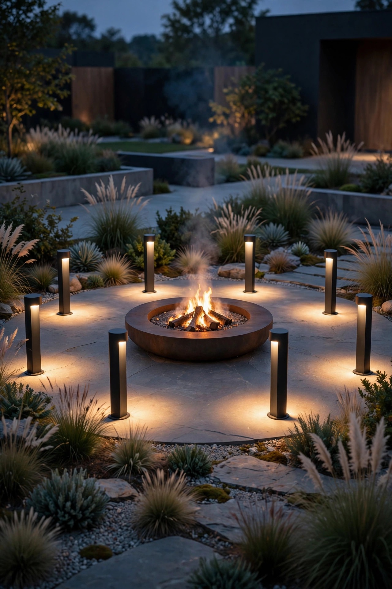 Low modern bollards ringing a fire pit seating area with warm downward light pools