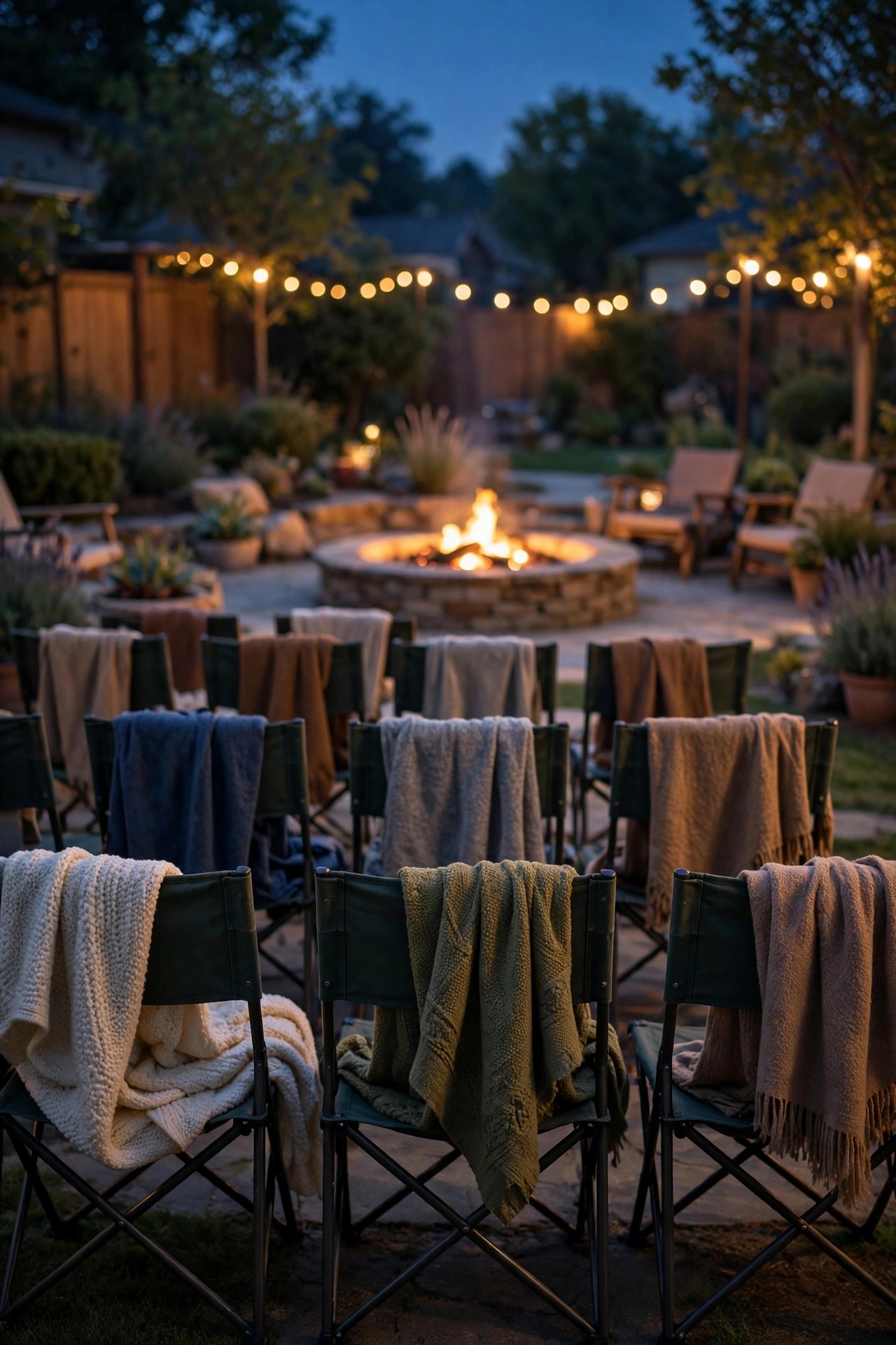 Low fire pit glowing warmly behind rows of backyard movie chairs with blankets at night