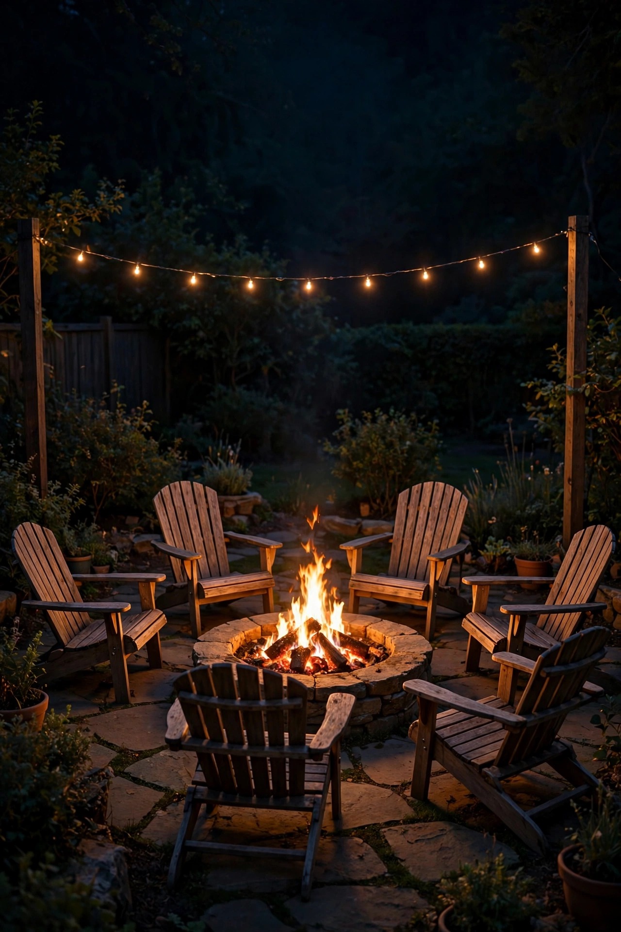 A single strand of smart string lights glowing faintly above seating around a backyard fire pit at night