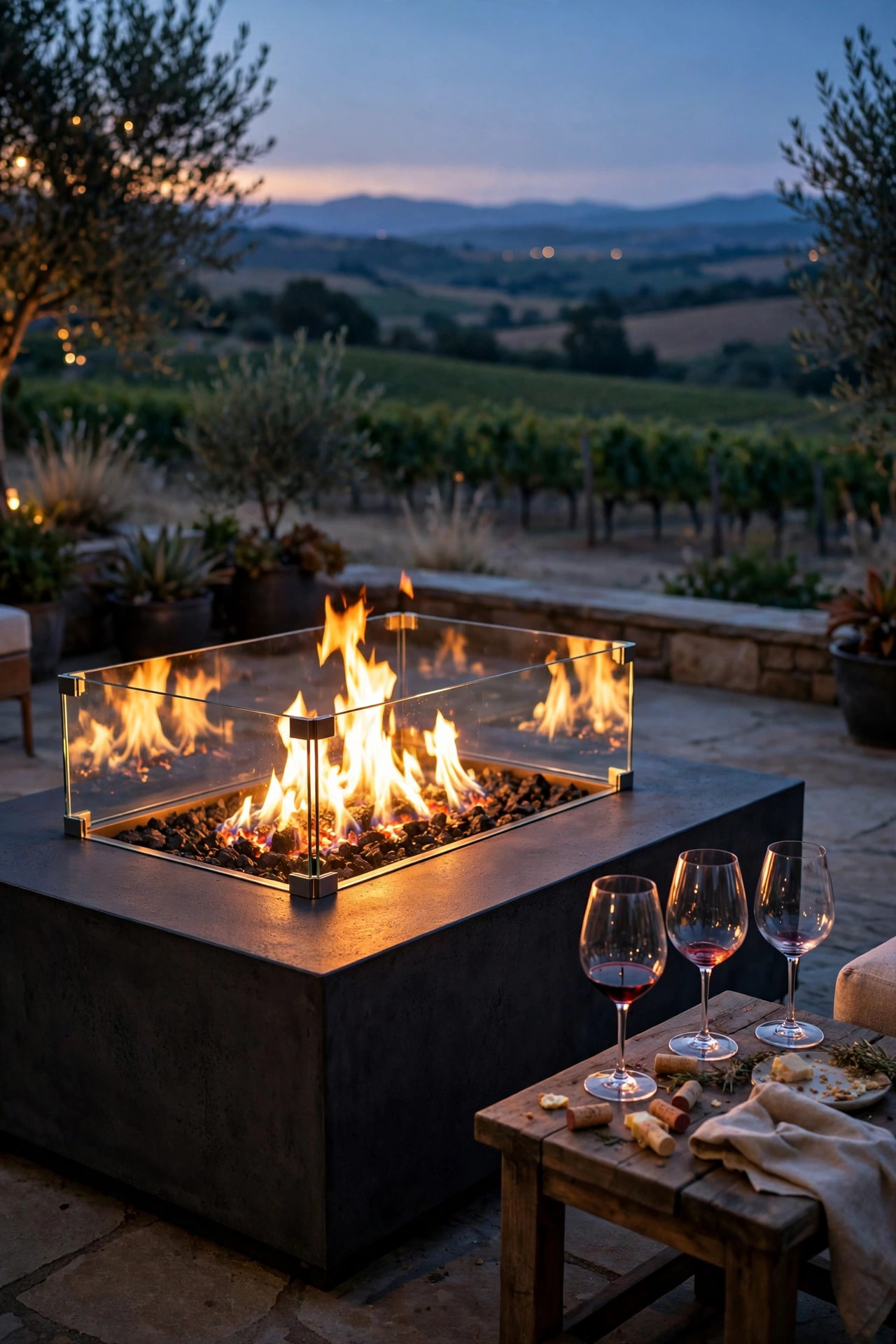 Fire table glowing at the edge of a patio where wine glasses rest on a side table at the end of a tasting night