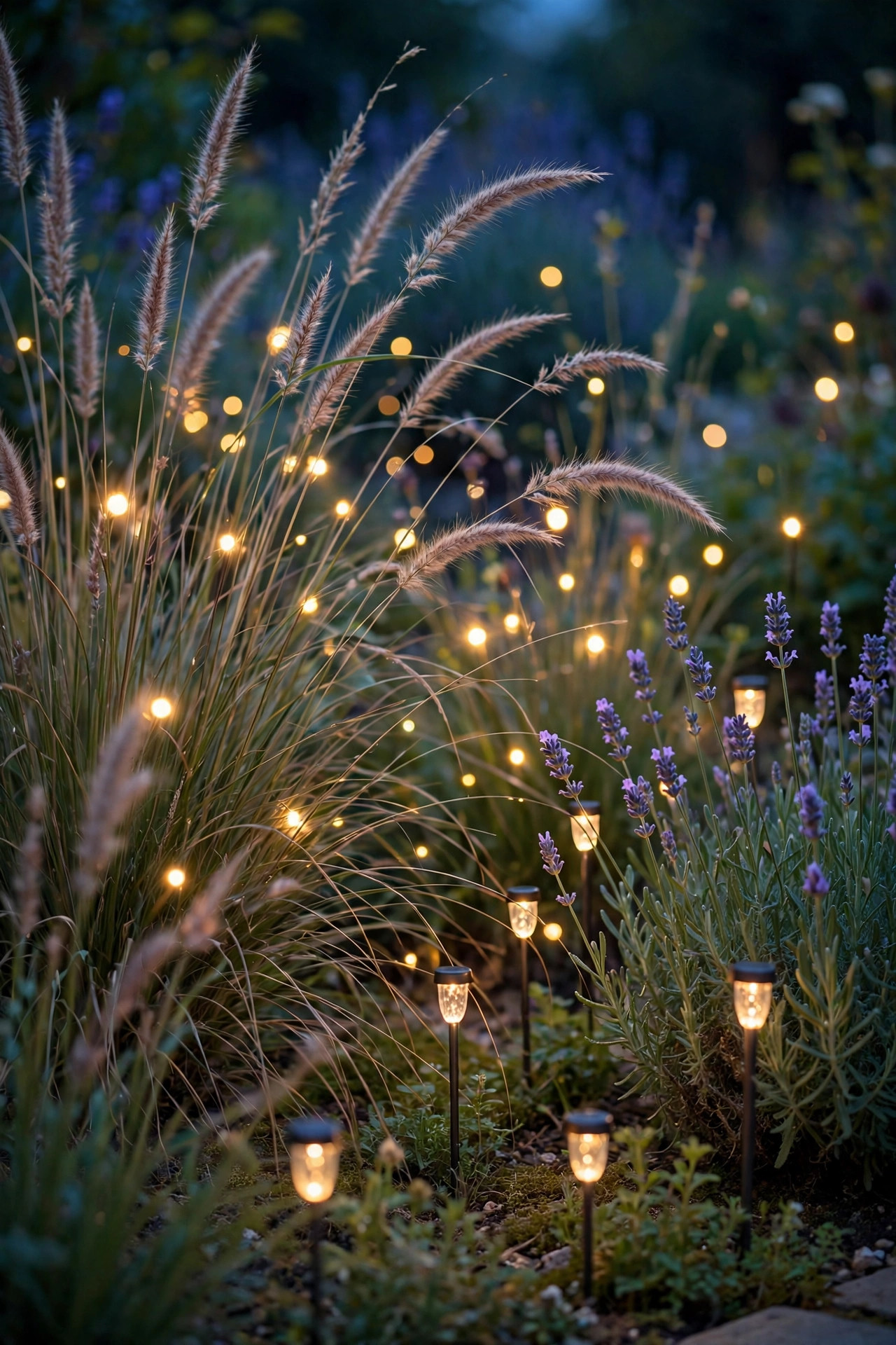 Tiny firefly-style solar lights sparkling through ornamental grasses and lavender in a garden bed at dusk