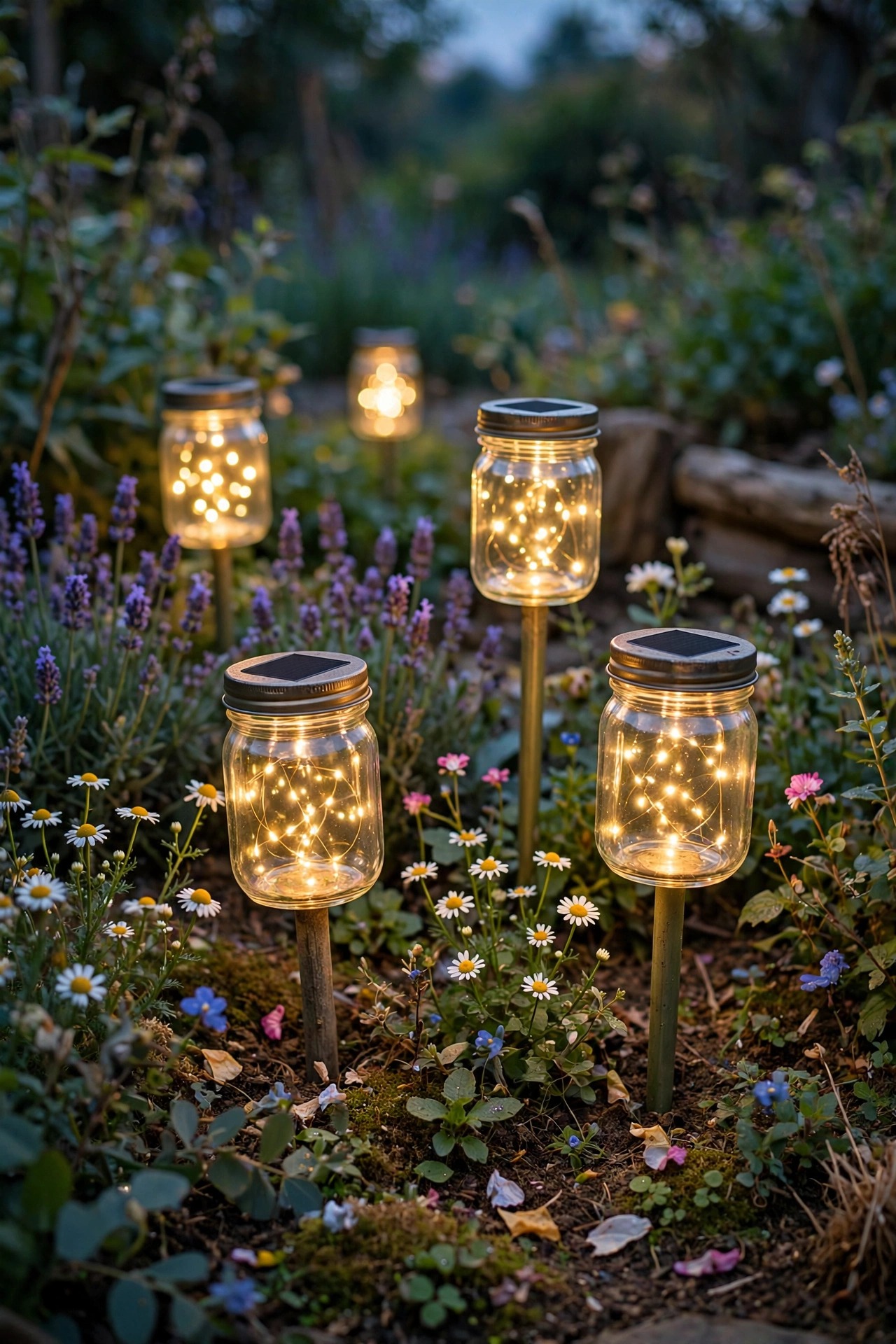 Solar firefly jar stakes glowing softly among flowers in a garden bed at dusk