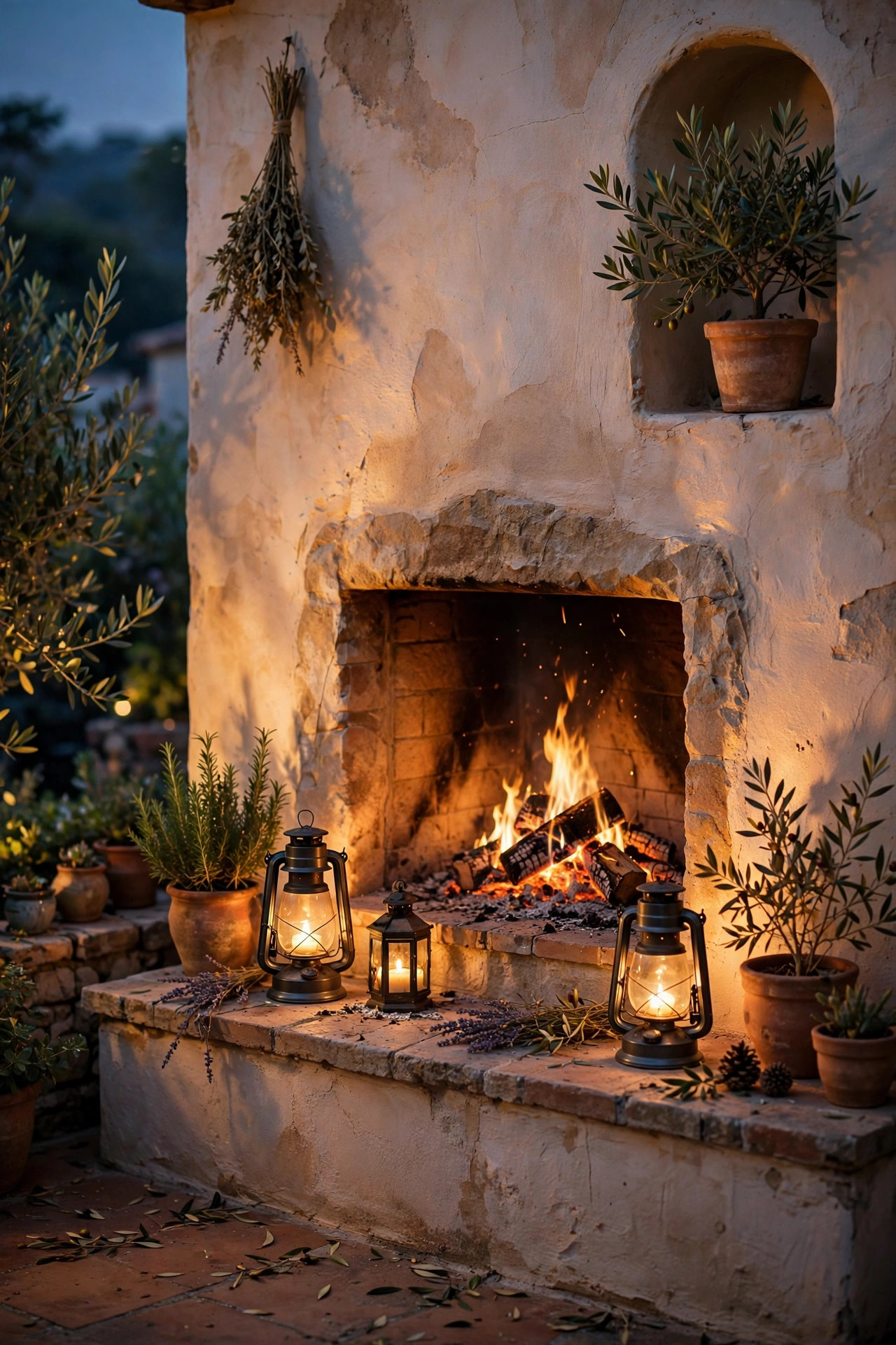 Outdoor fireplace on a Mediterranean courtyard wall with firelight flickering across stucco and lanterns on the hearth