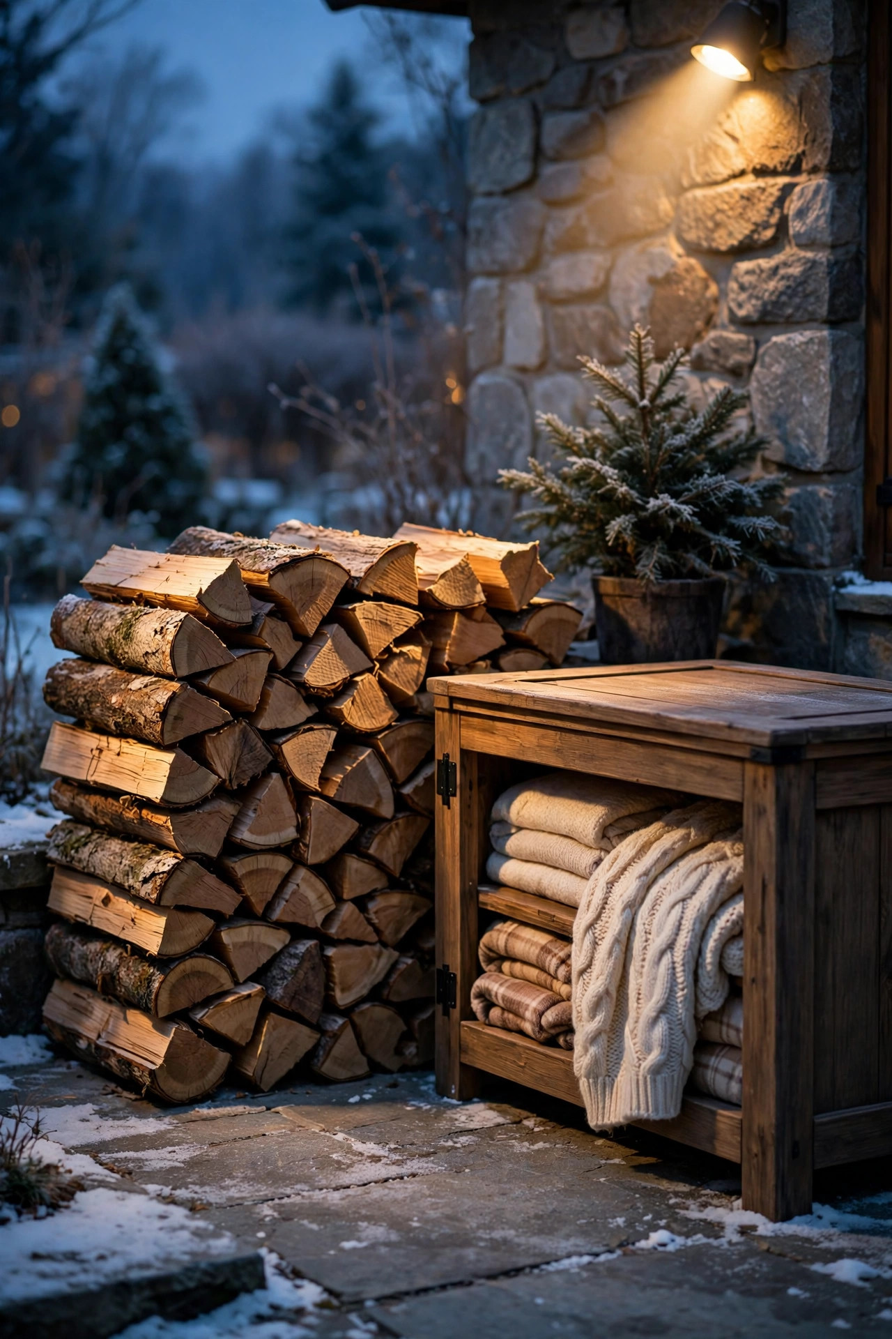 Neatly stacked firewood pile on a winter patio washed with warm spotlight beside a blanket storage bench