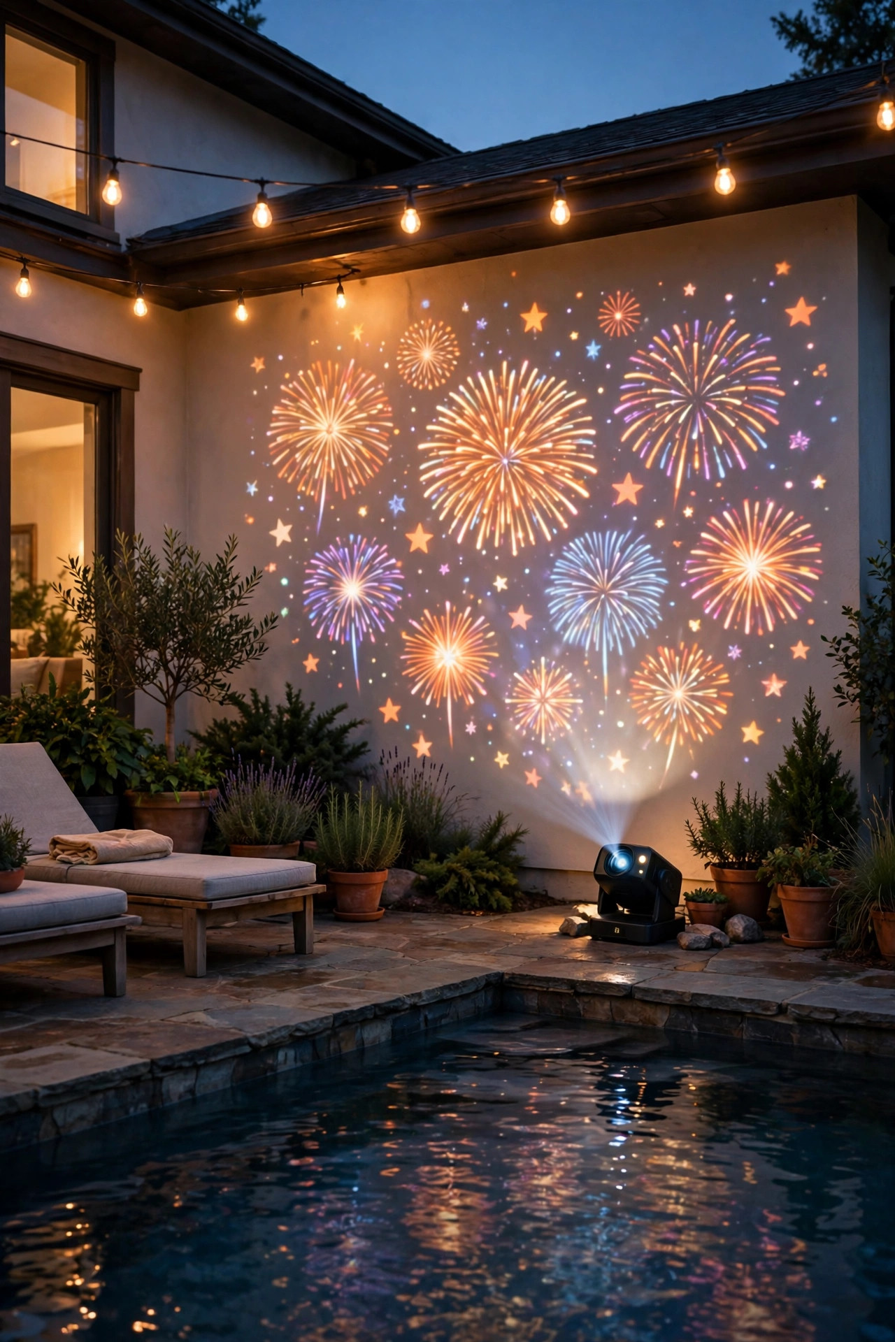 Holiday projector casting colorful fireworks and stars onto the side of a house above a backyard pool at night
