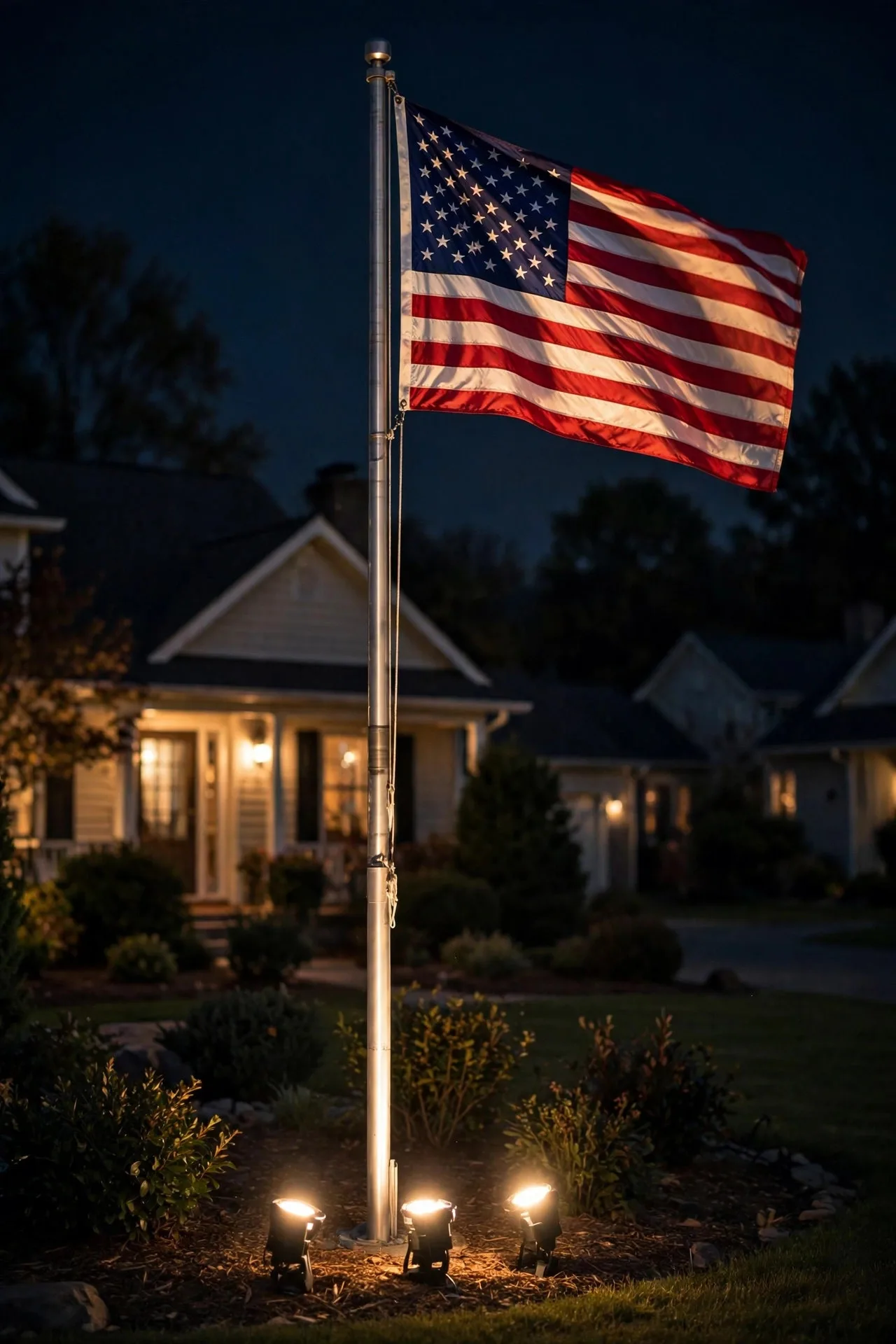Warm LED spotlights illuminating an American flag on a flagpole at night