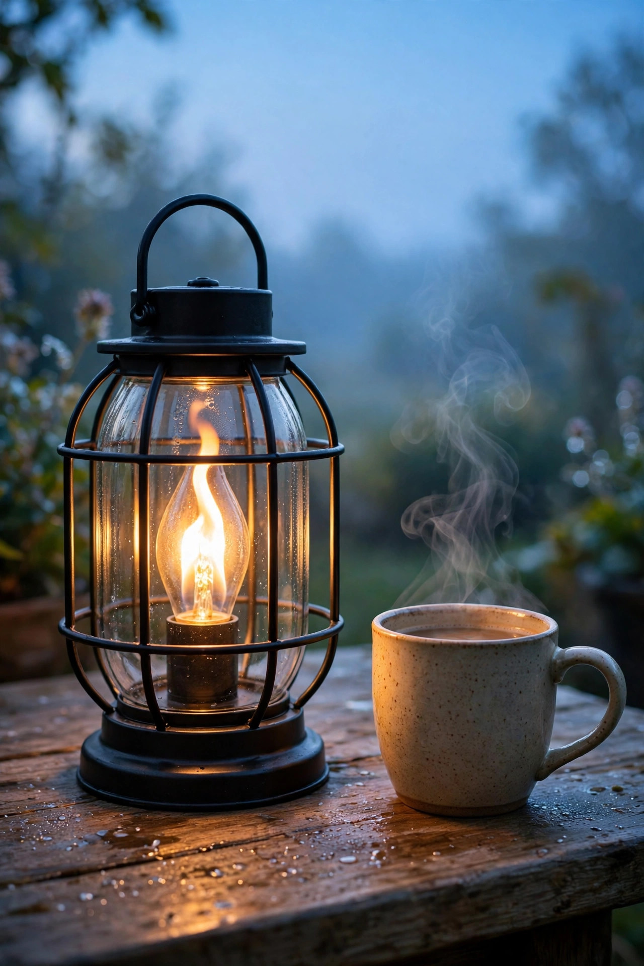 Flame effect LED bulb flickering warmly inside a caged patio lantern beside a morning coffee mug